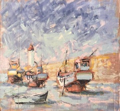 Used French Impressionist Harbour Scene with Boats and Lighthouse in Erquy