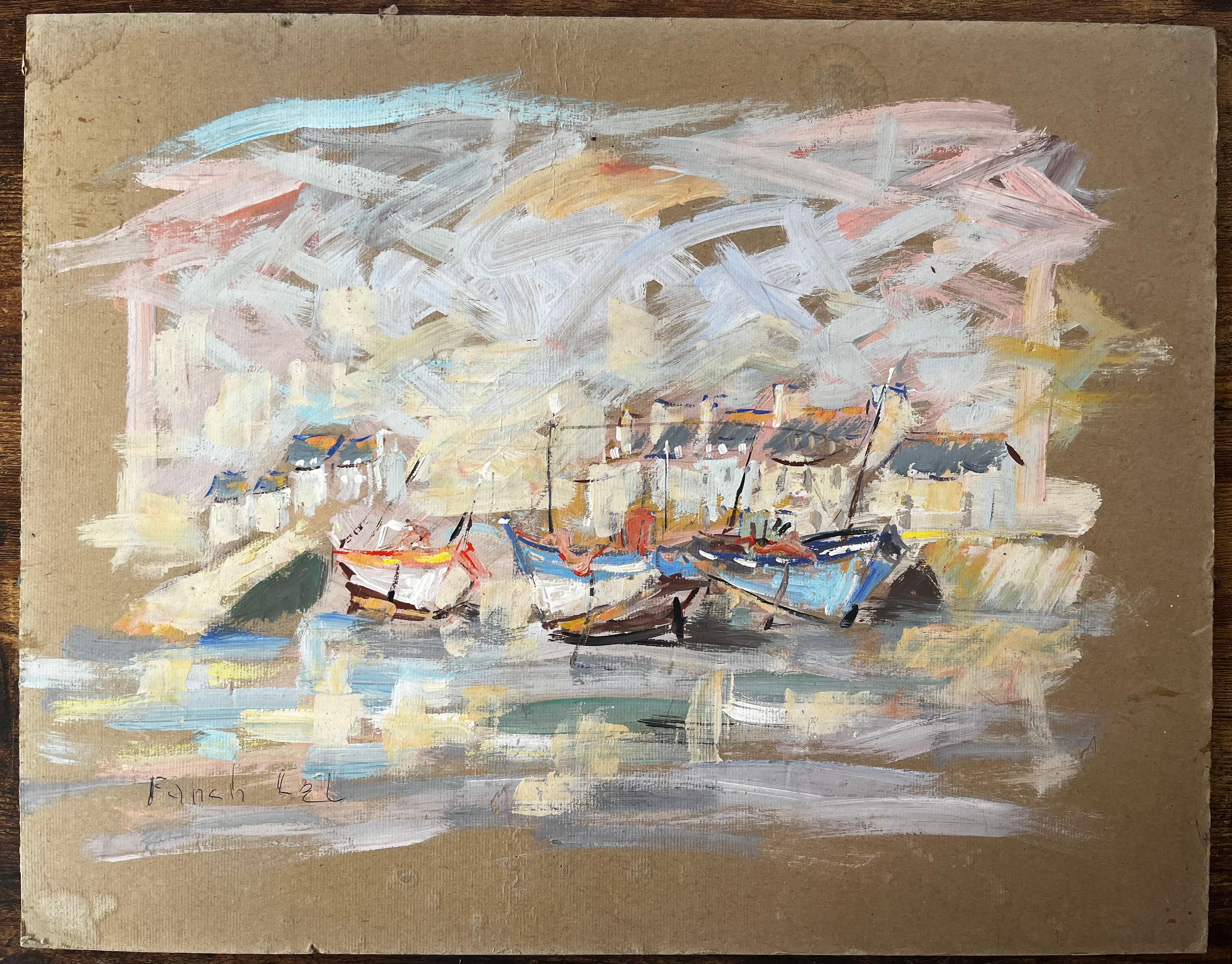 French Impressionist Harbour Scene with Fishing Boats and Coastal Cottages - Painting by Fanch Lel