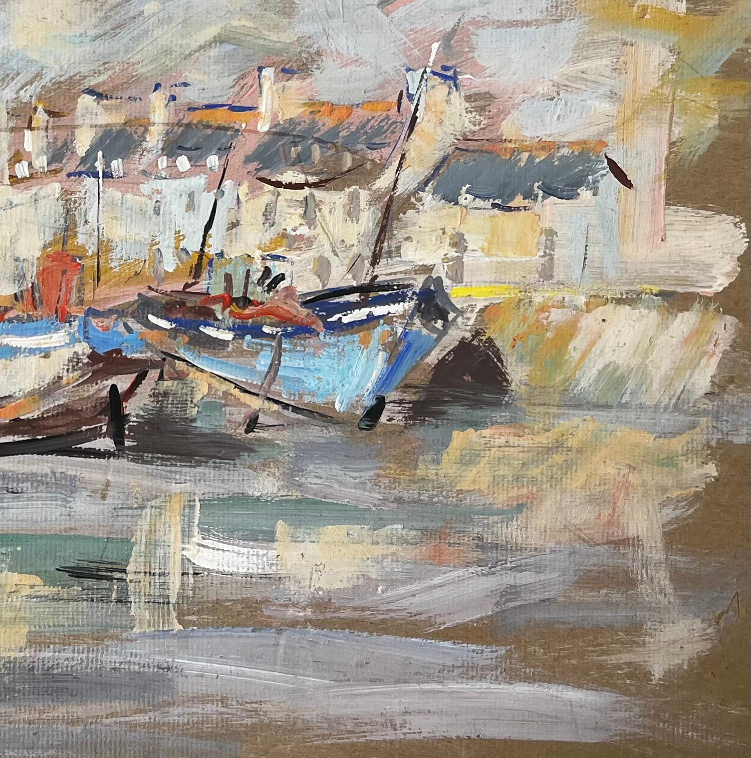 French Impressionist Harbour Scene with Fishing Boats and Coastal Cottages - Gray Landscape Painting by Fanch Lel