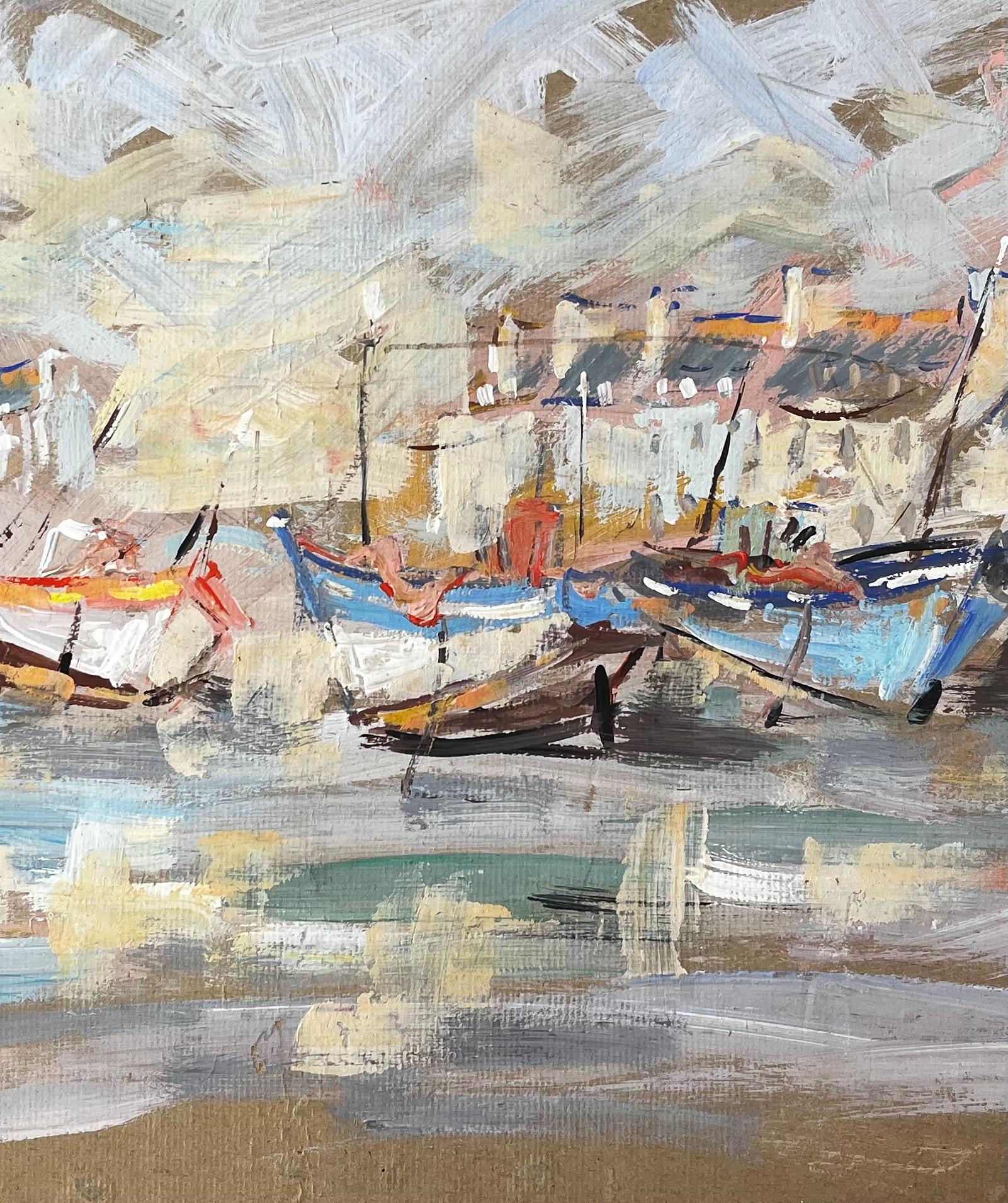 Title: French Impressionist Harbour Scene with Fishing Boats and Coastal Cottages
by Fanch Lel
Signed: Bottom left corner 
Size: 14.5 x 18.5 inches (height x width)
Oil painting on board, unframed
Condition: Good condition overall. Minor surface