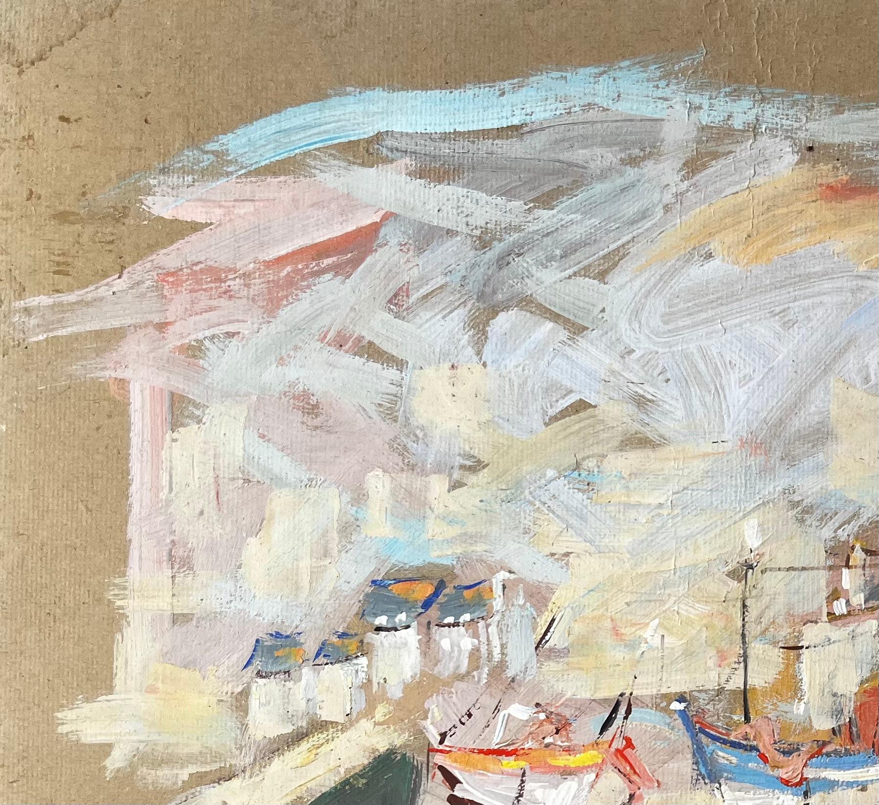 French Impressionist Harbour Scene with Fishing Boats and Coastal Cottages For Sale 2