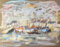 French Impressionist Harbour Scene with Fishing Boats and Coastal Cottages