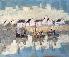 French Impressionist Harbour Scene with Fishing Boats and Whitewashed Houses
