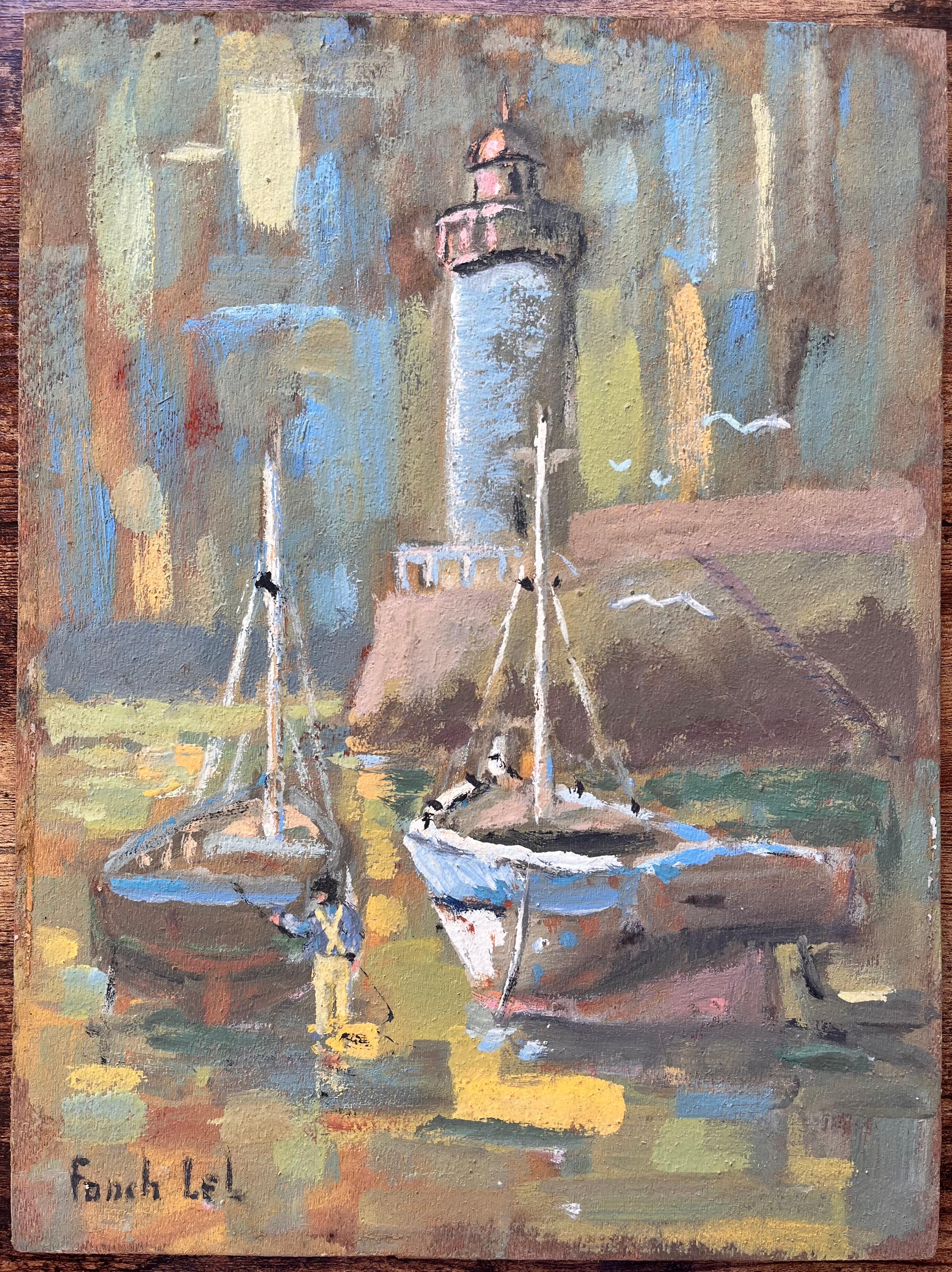 Französischer Impressionismus Hafenszene mit Leuchtturm und Booten in Erquy – Painting von Fanch Lel