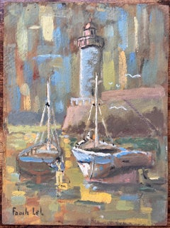 Scena impressionista francese di porto con faro e barche a Erquy