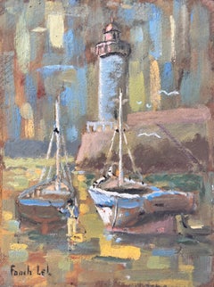 Scène de port impressionniste française avec phare et bateaux en Erquy