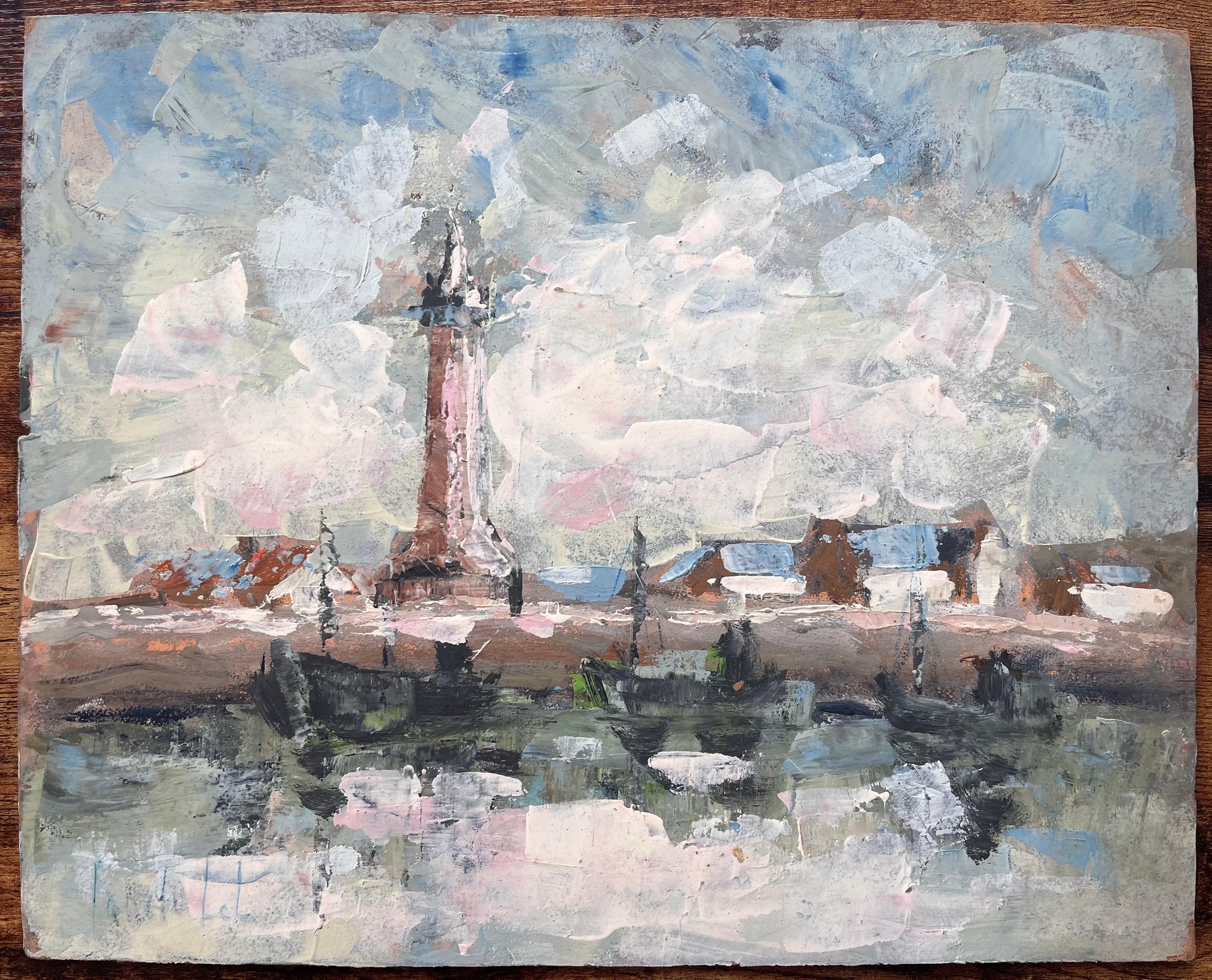 Scène de port impressionniste française avec bateaux de phare et reflets - Painting de Fanch Lel