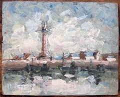Escena portuaria impresionista francesa con barcos faro y reflejos