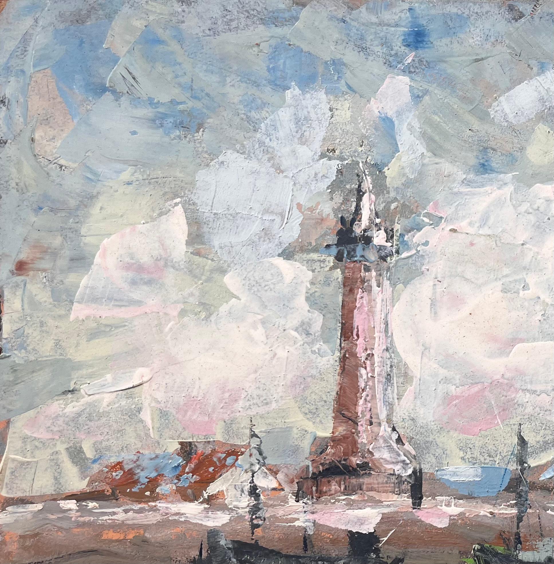 Scène de port impressionniste française avec bateaux de phare et reflets - Impressionnisme Painting par Fanch Lel