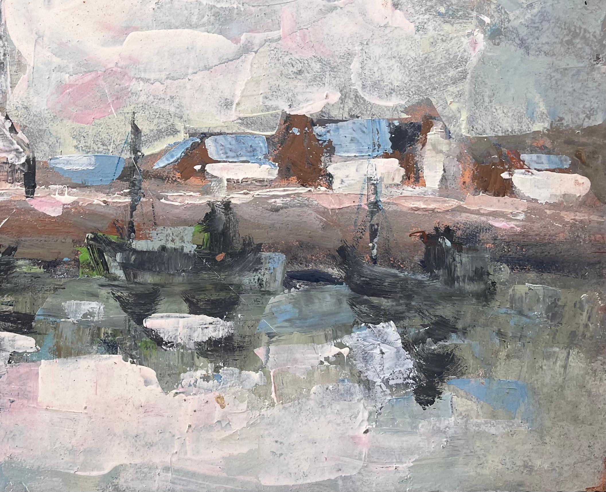 Titre : Scène portuaire impressionniste française avec bateaux-phares et reflets 
Par Fanch Lel
Signé : Oui
Taille : 13 x 16 pouces (hauteur x largeur)
Peinture à l'huile sur carton, non encadrée
Condit : Le tableau est en bon état avec des signes