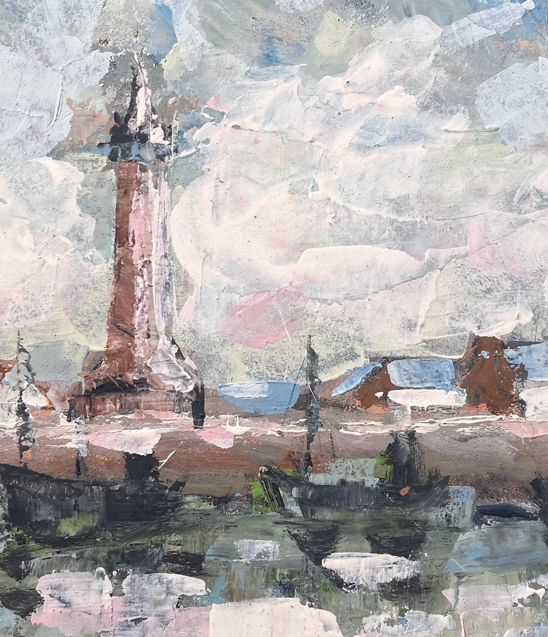 Scène de port impressionniste française avec bateaux de phare et reflets en vente 2
