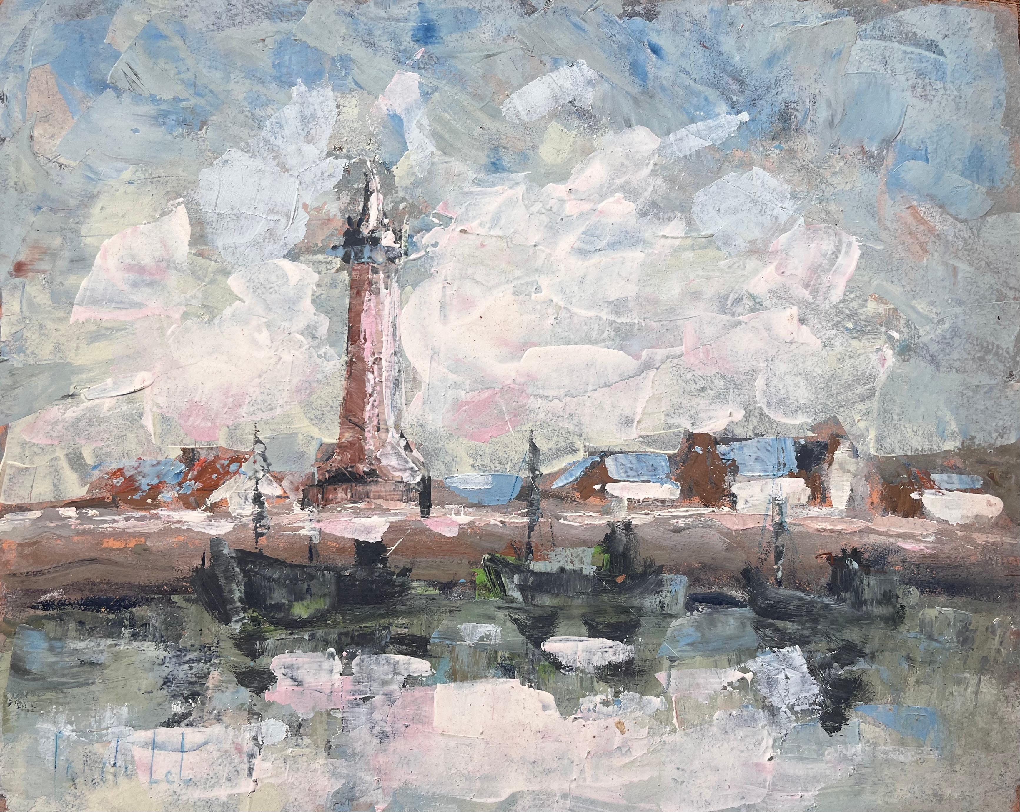 Landscape Painting Fanch Lel - Scène de port impressionniste française avec bateaux de phare et reflets