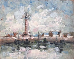 French Impressionist Harbour Scene with Lighthouse Boats and Reflections