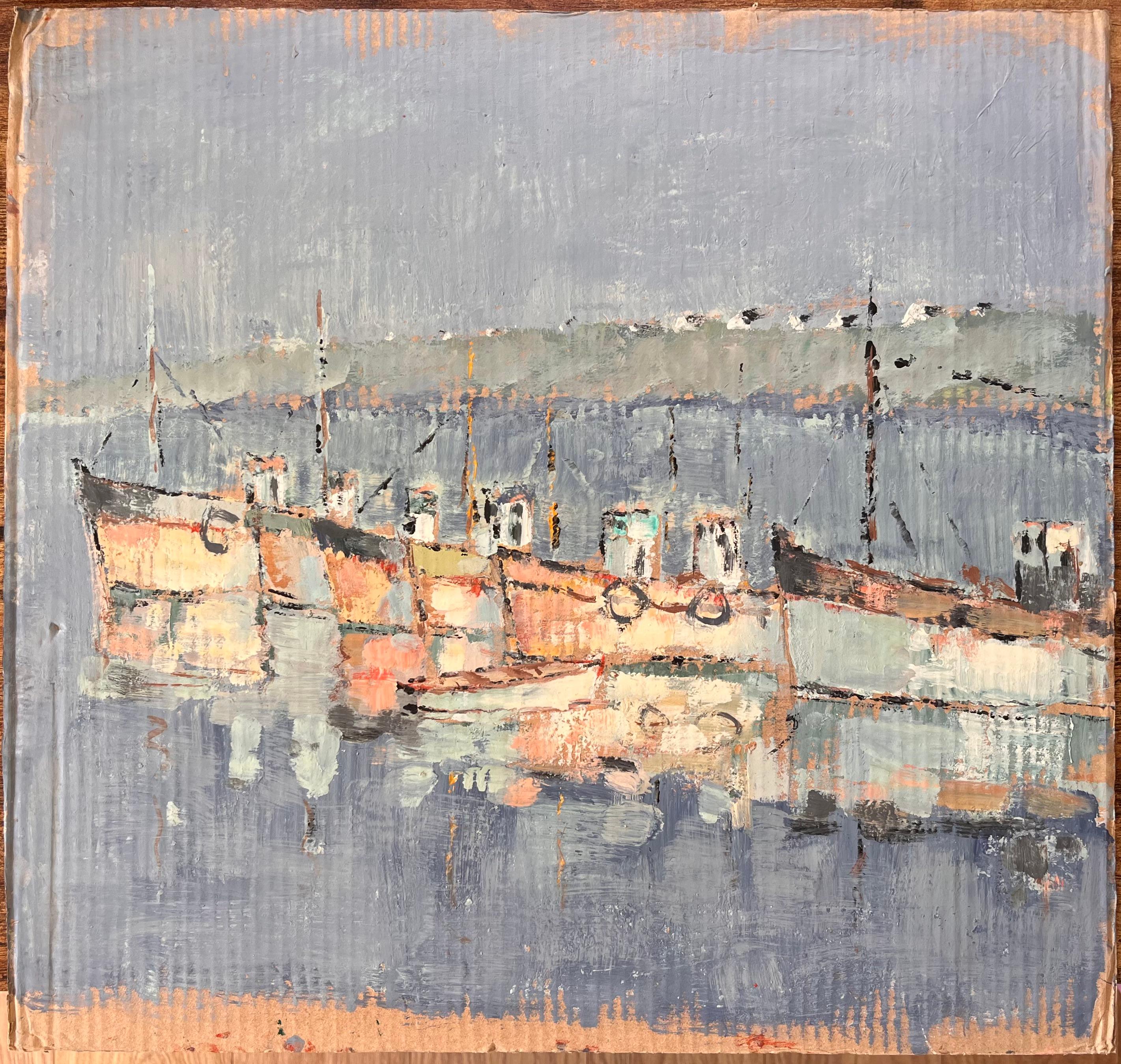 Escena portuaria impresionista francesa con barcos de pesca amarrados de Fanch Lel en venta 1