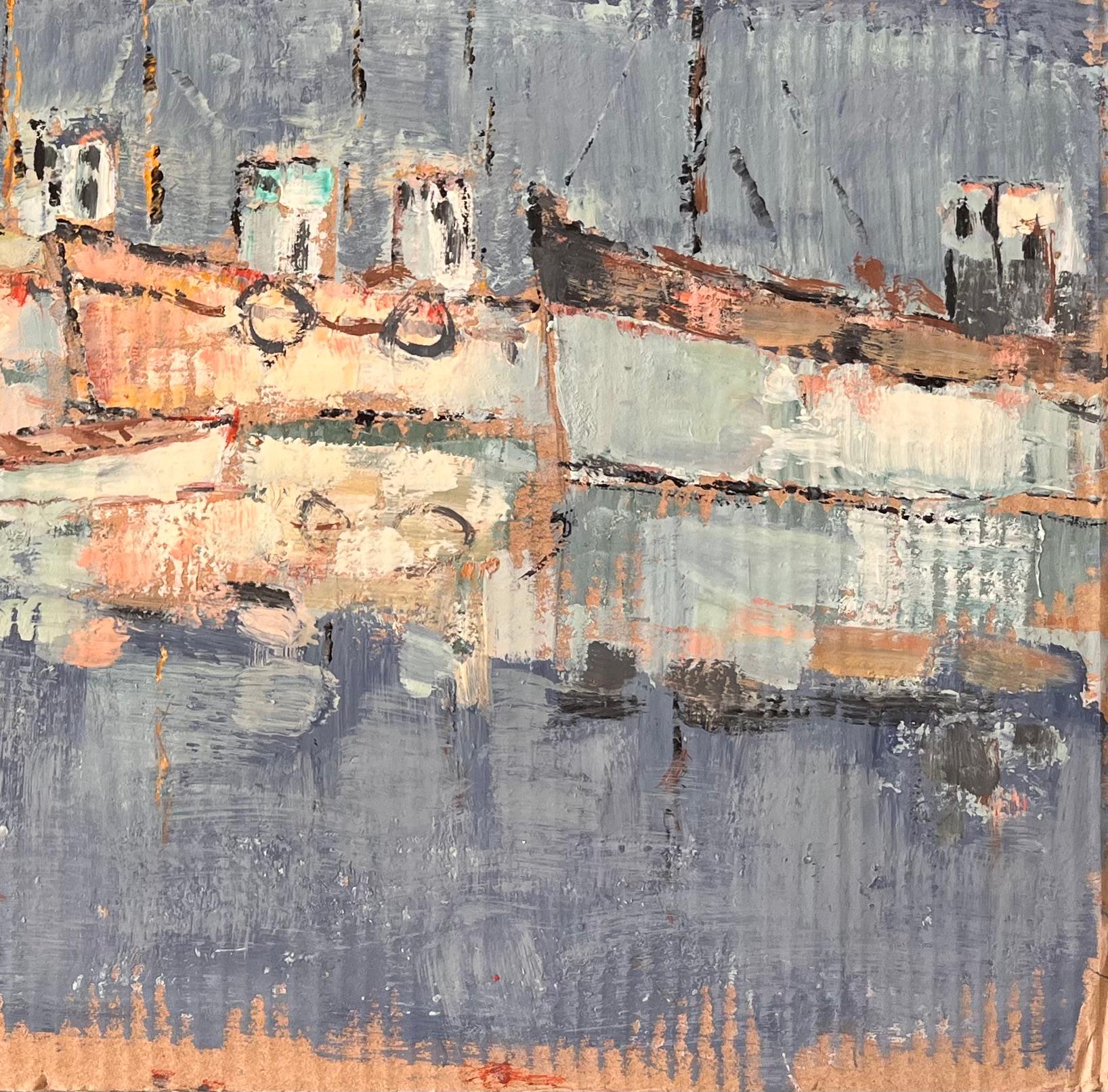 Französische impressionistische Hafenszene des Impressionismus mit Moored-Fischbooten von Fanch Lel im Angebot 2