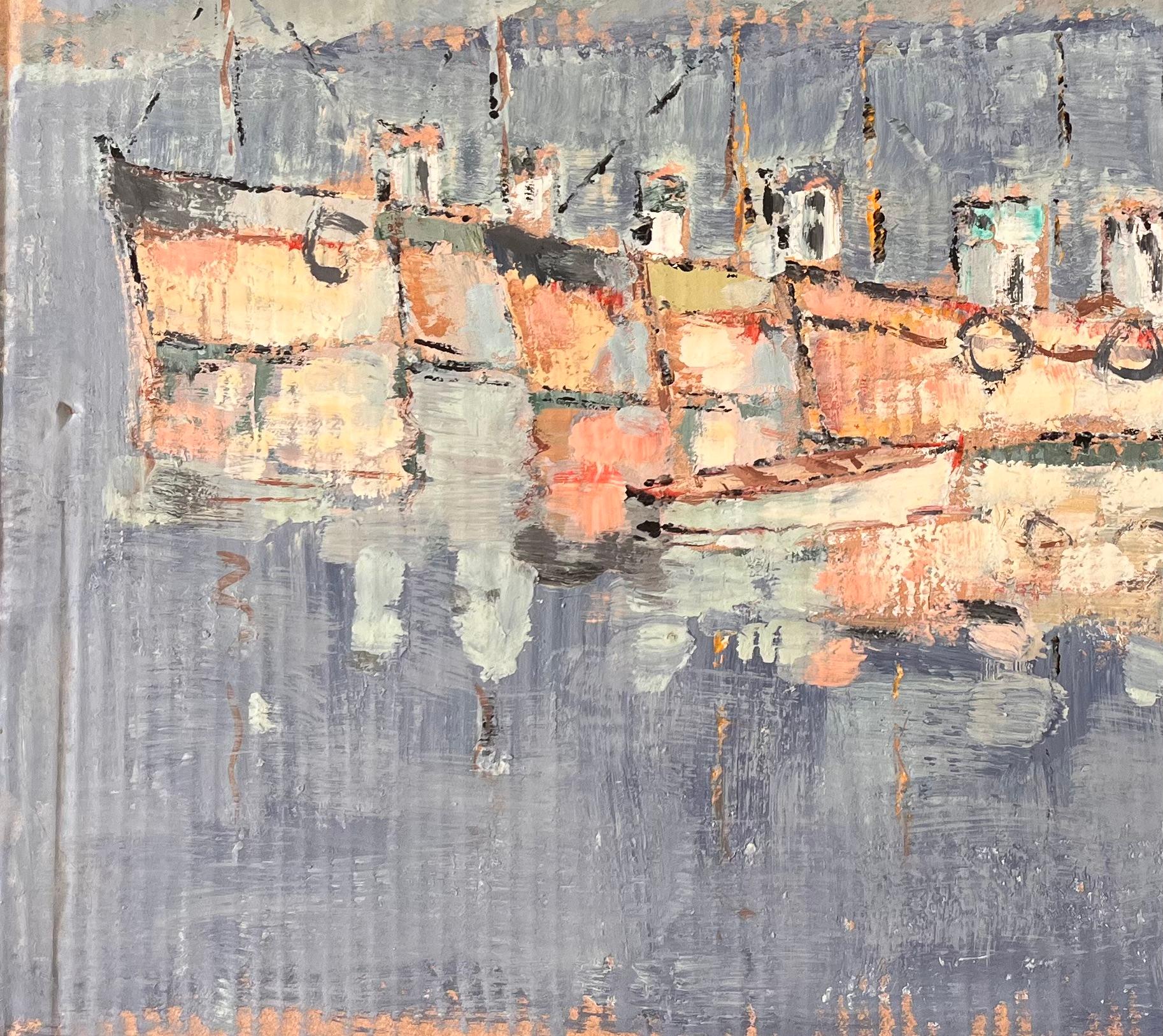 Französische impressionistische Hafenszene des Impressionismus mit Moored-Fischbooten von Fanch Lel im Angebot 3