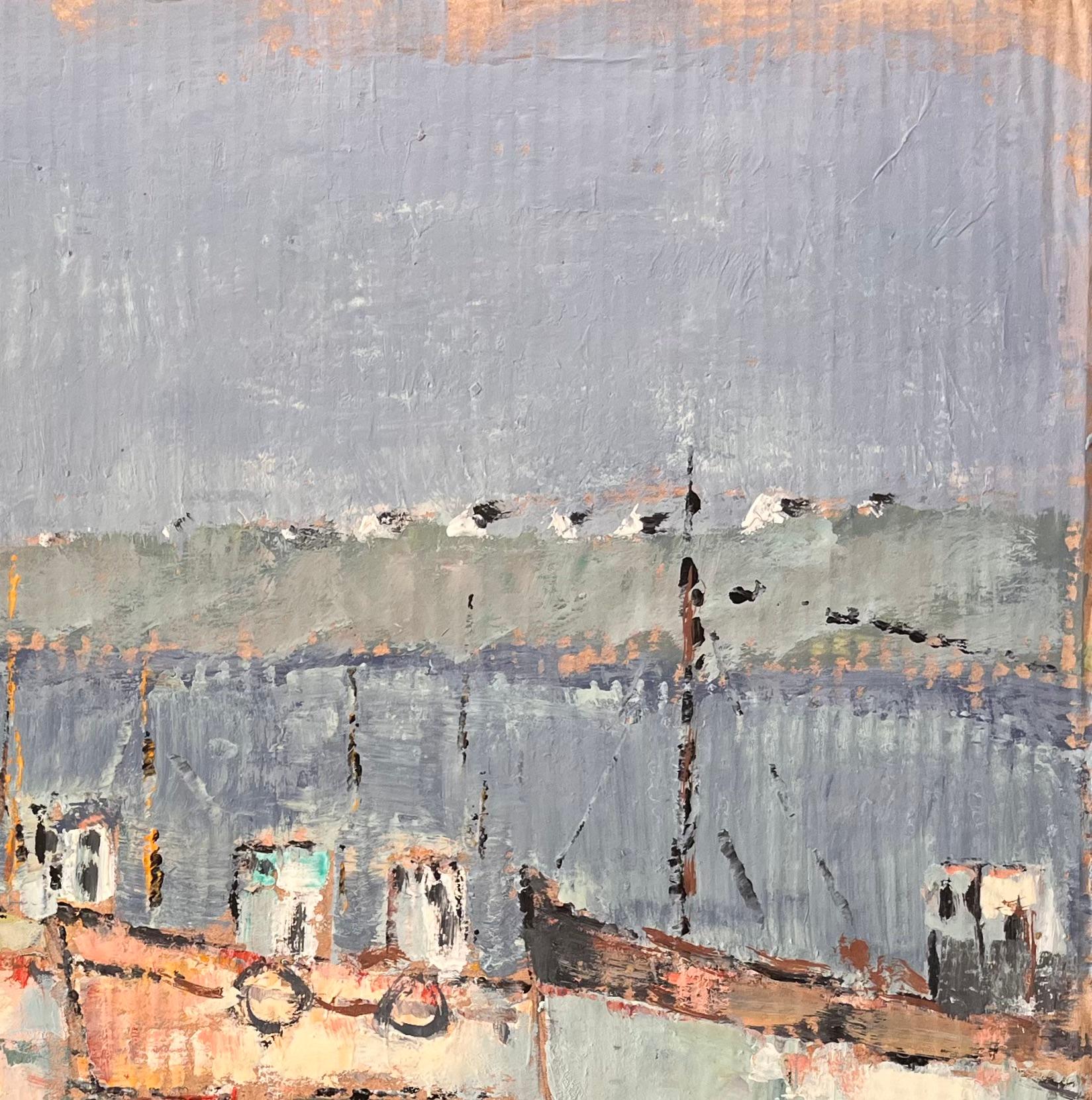 Französische impressionistische Hafenszene des Impressionismus mit Moored-Fischbooten von Fanch Lel im Angebot 4