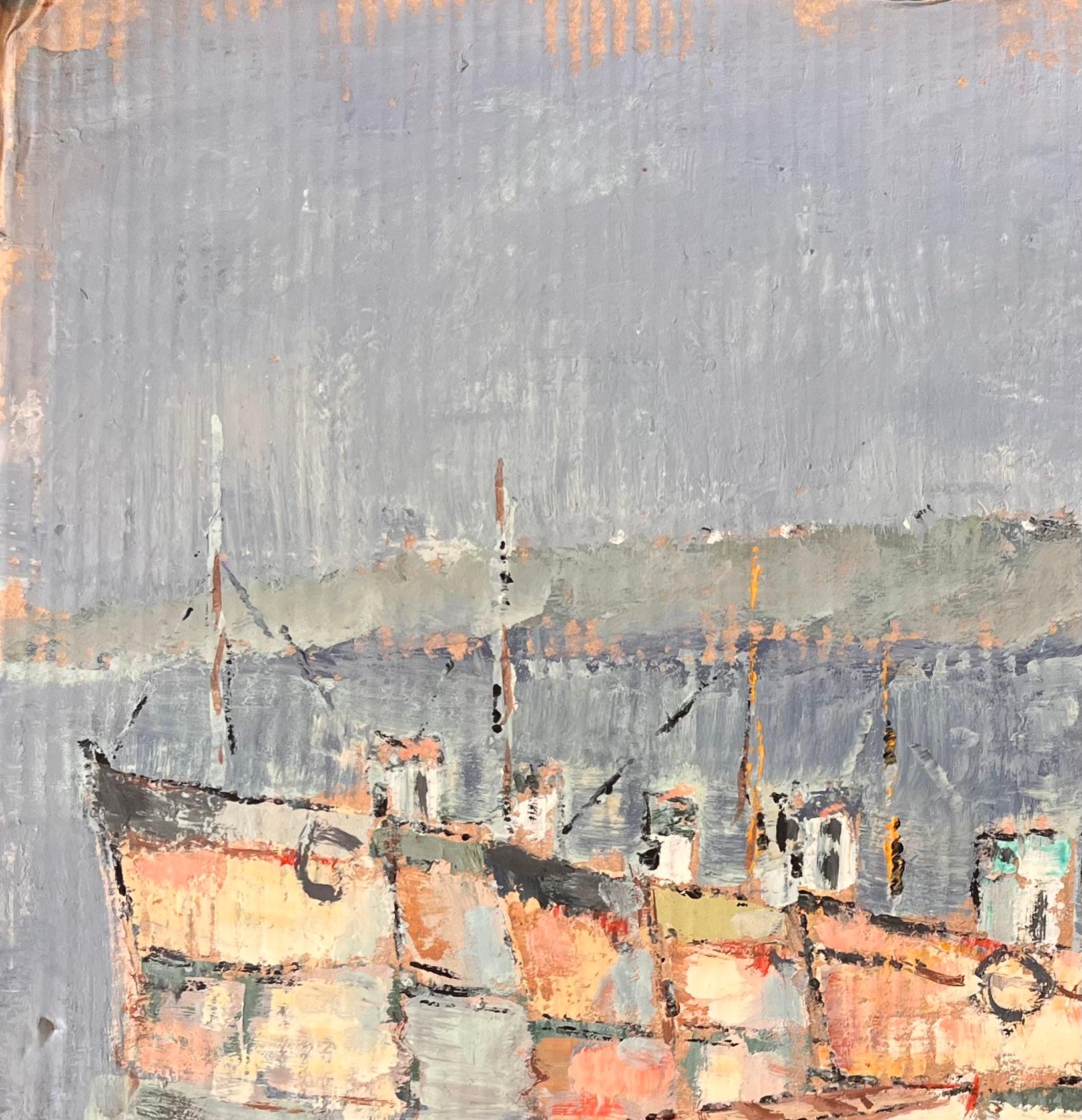 Französische impressionistische Hafenszene des Impressionismus mit Moored-Fischbooten von Fanch Lel im Angebot 5
