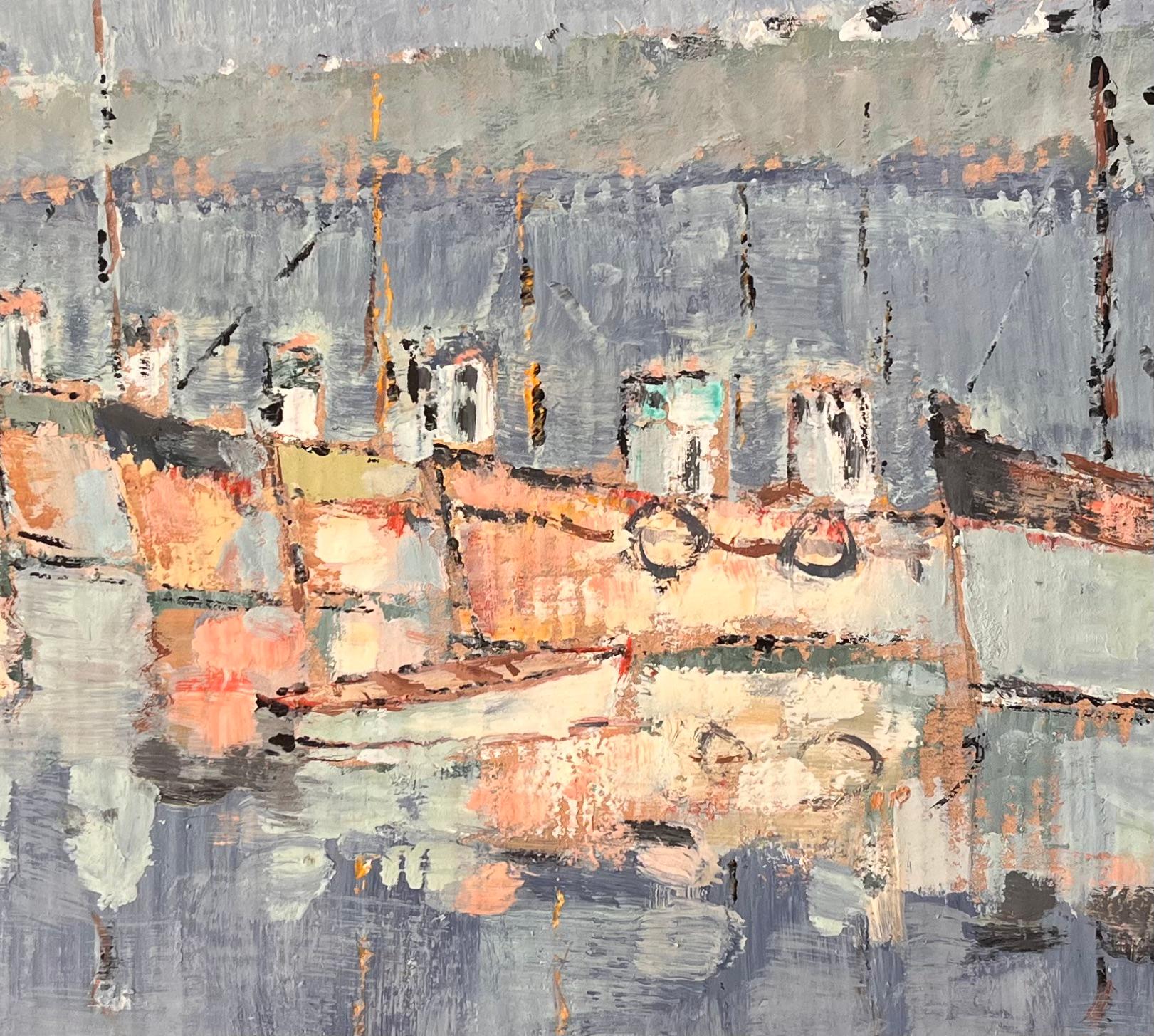 Französische impressionistische Hafenszene des Impressionismus mit Moored-Fischbooten von Fanch Lel im Angebot 6