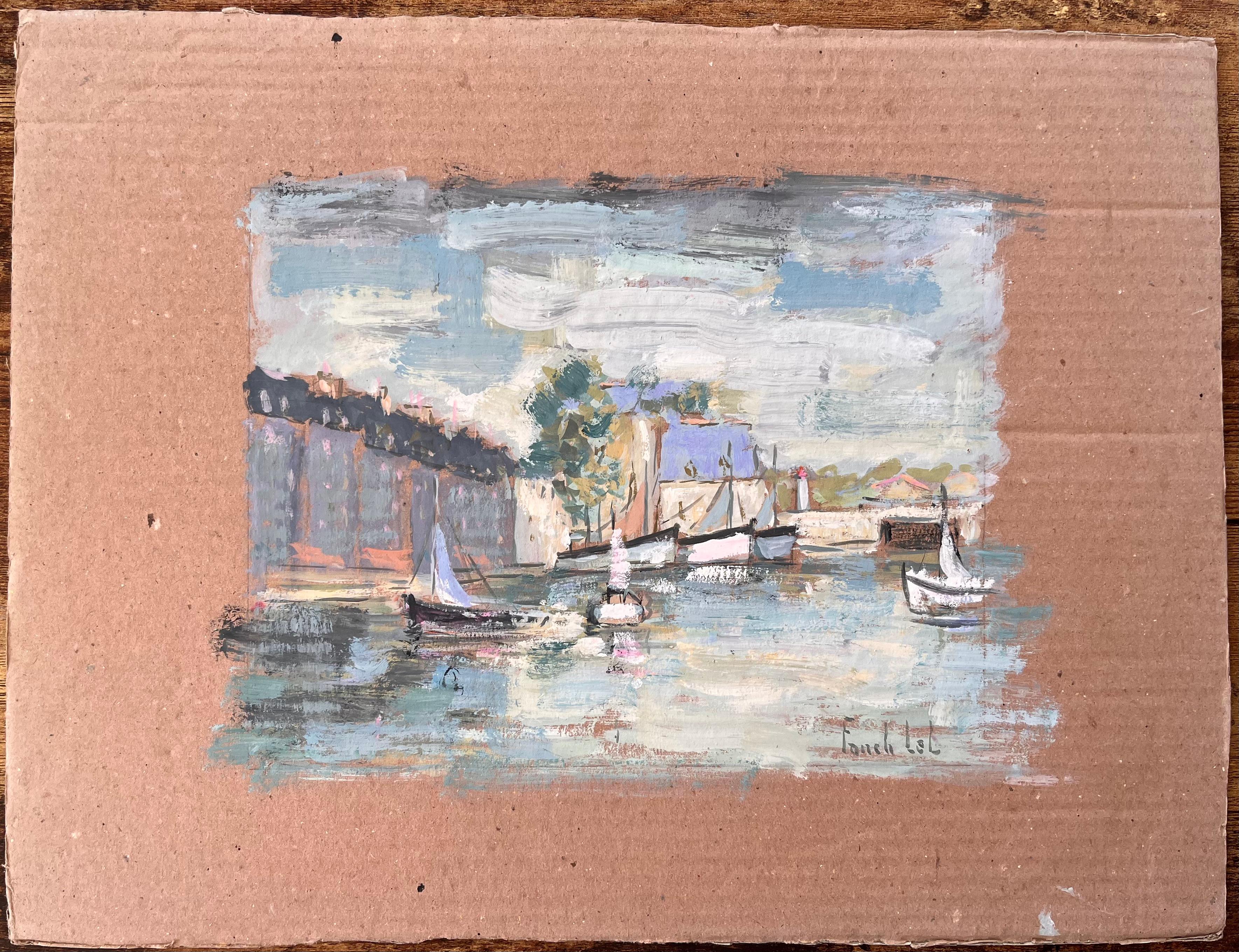 Scène de port impressionniste française avec voiliers et architecture de Quayside - Painting de Fanch Lel