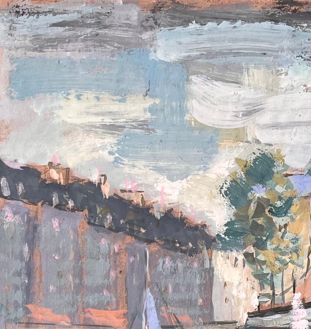 Scène de port impressionniste française avec voiliers et architecture de Quayside - Impressionnisme Painting par Fanch Lel