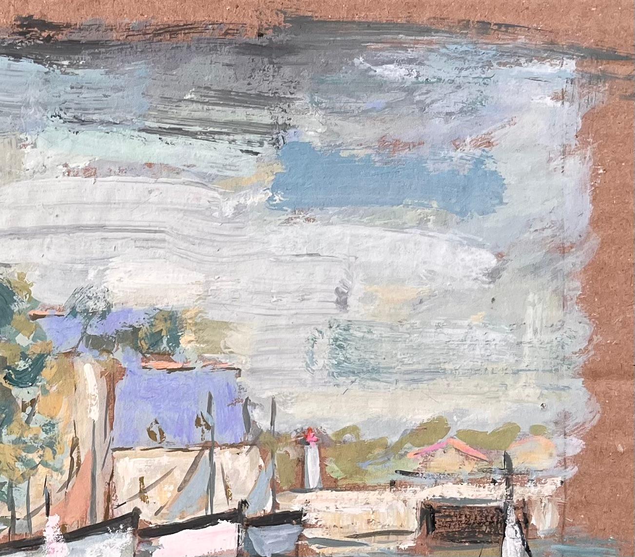 Titre : Scène portuaire impressionniste française avec voiliers et architecture des quais 
Par Fanch Les
Signé : Oui
Taille : 12.25 x 16.25 pouces (hauteur x largeur)
Peinture à l'huile sur carton, non encadrée
Condit : Bon état général avec de