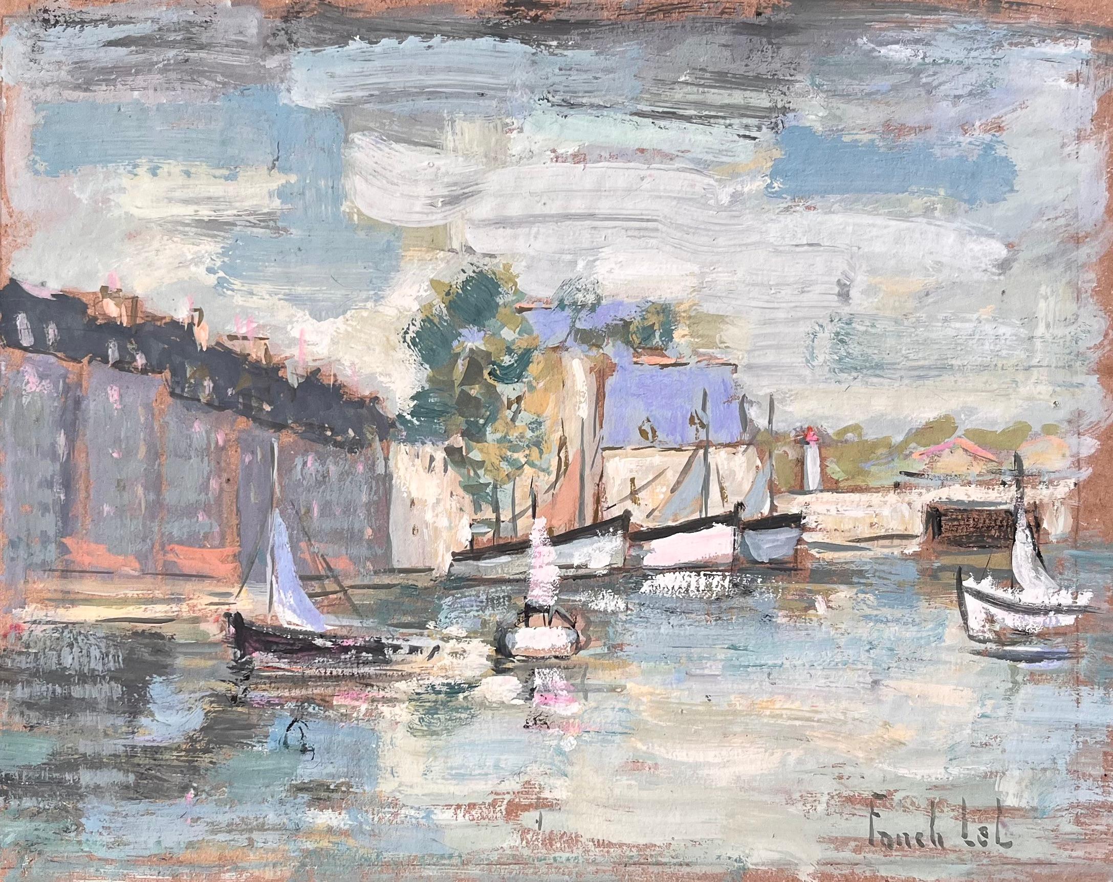 Französische impressionistische Hafenszene des Impressionismus mit Segelbooten und Architektur am Quayside