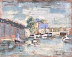 French Impressionist Harbour Scene with Sailboats and Quayside Architecture