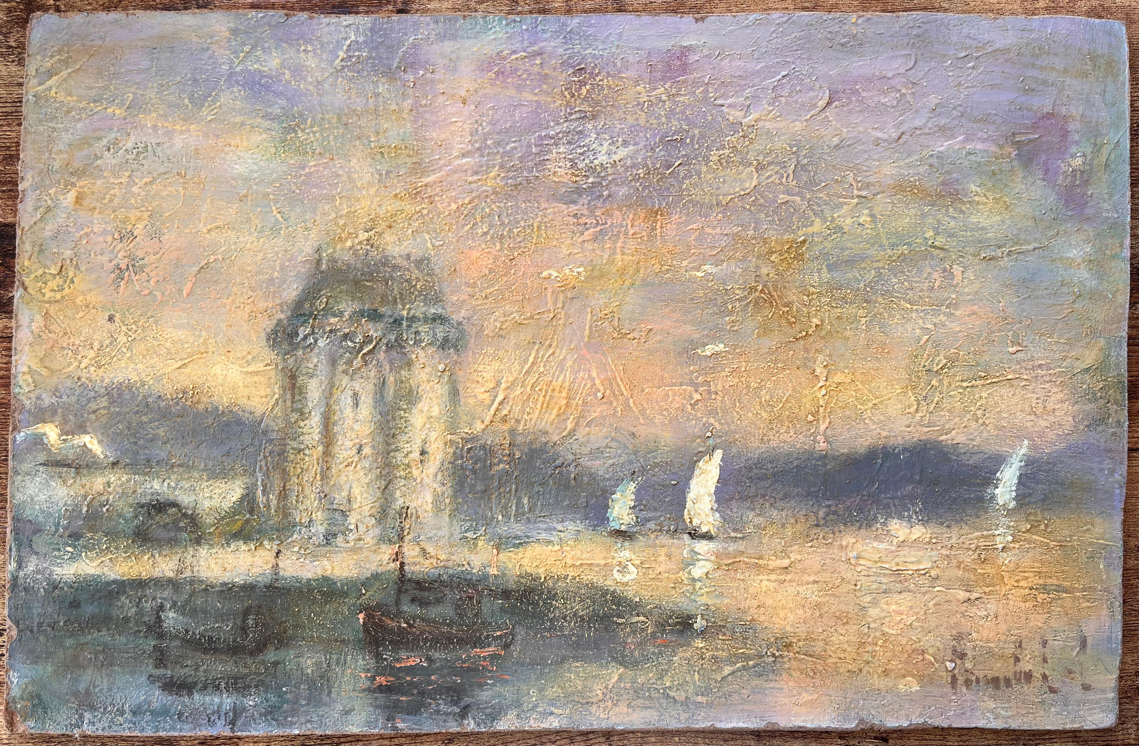 Französische impressionistische Hafenszene mit Segelbooten bei Sonnenuntergang – Painting von Fanch Lel