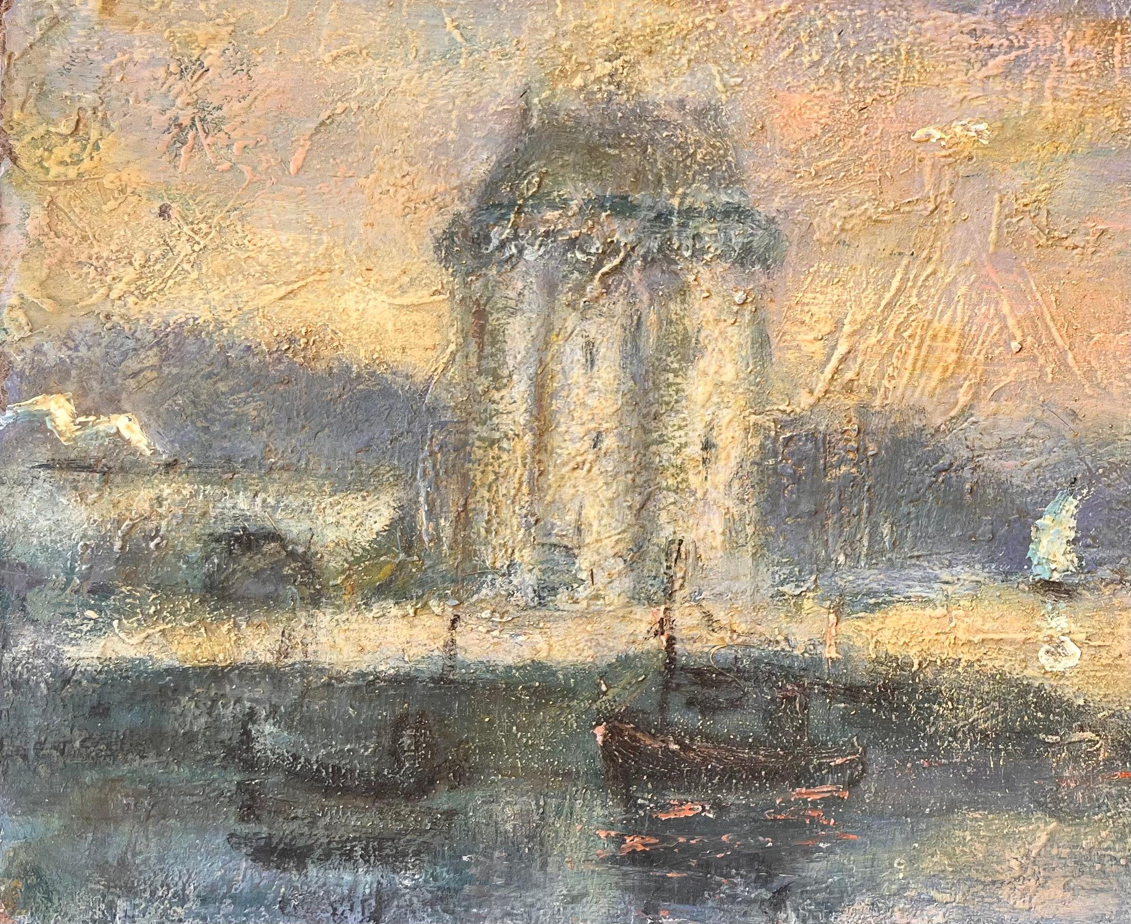 Französische impressionistische Hafenszene mit Segelbooten bei Sonnenuntergang (Impressionismus), Painting, von Fanch Lel