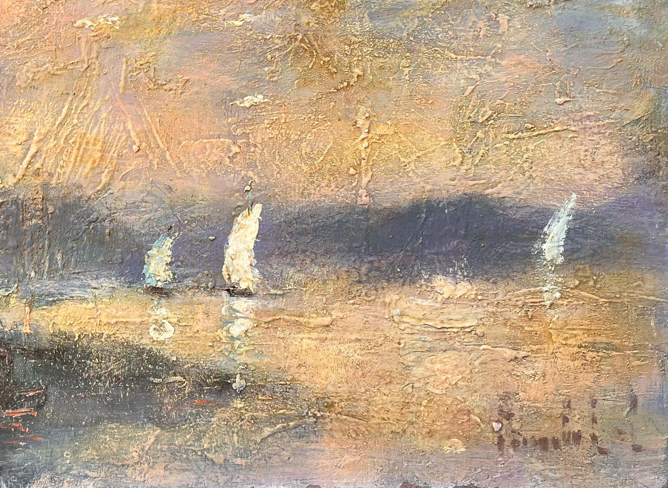 Französische impressionistische Hafenszene mit Segelbooten bei Sonnenuntergang (Braun), Abstract Painting, von Fanch Lel