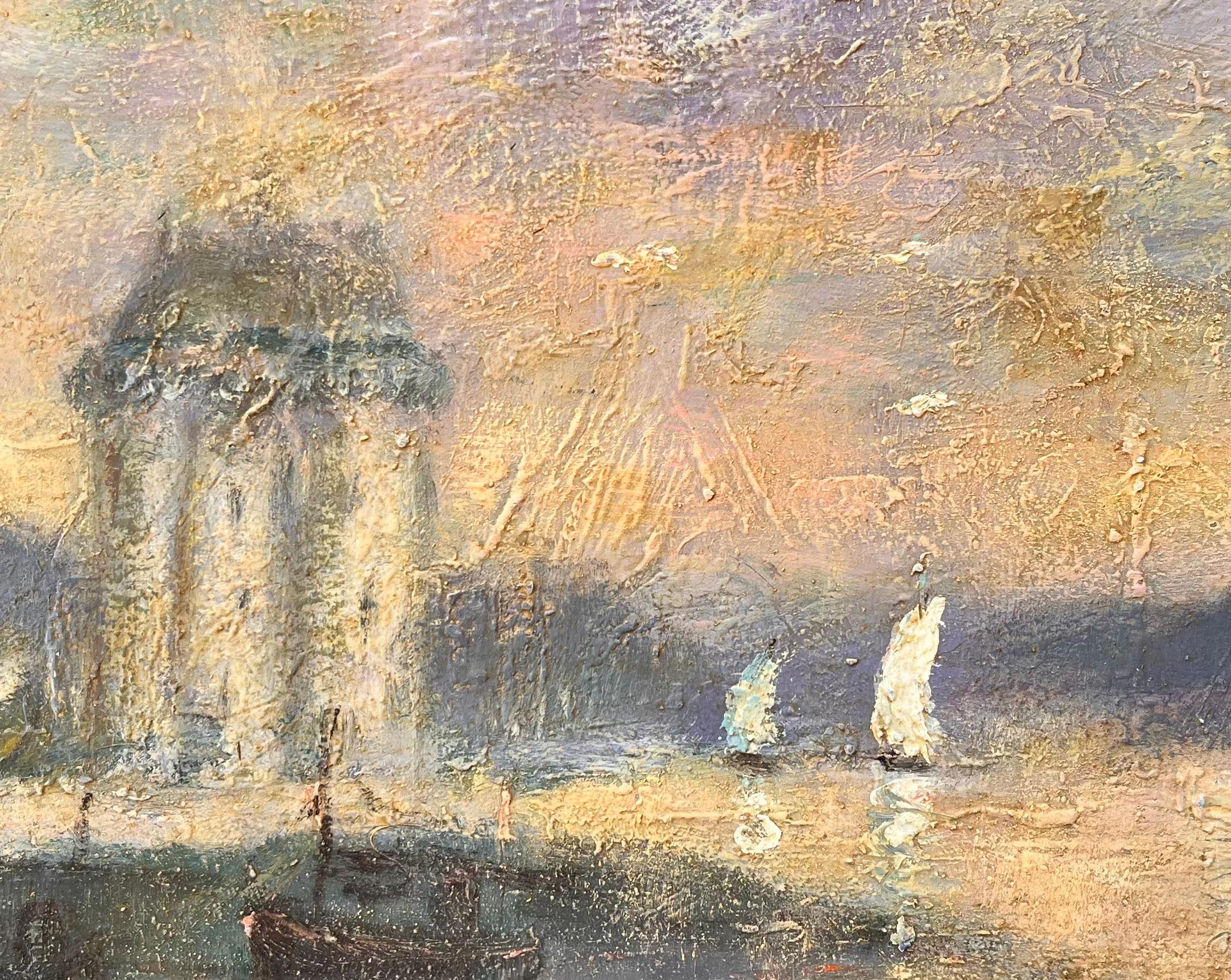 Französische impressionistische Hafenszene mit Segelbooten bei Sonnenuntergang im Angebot 2