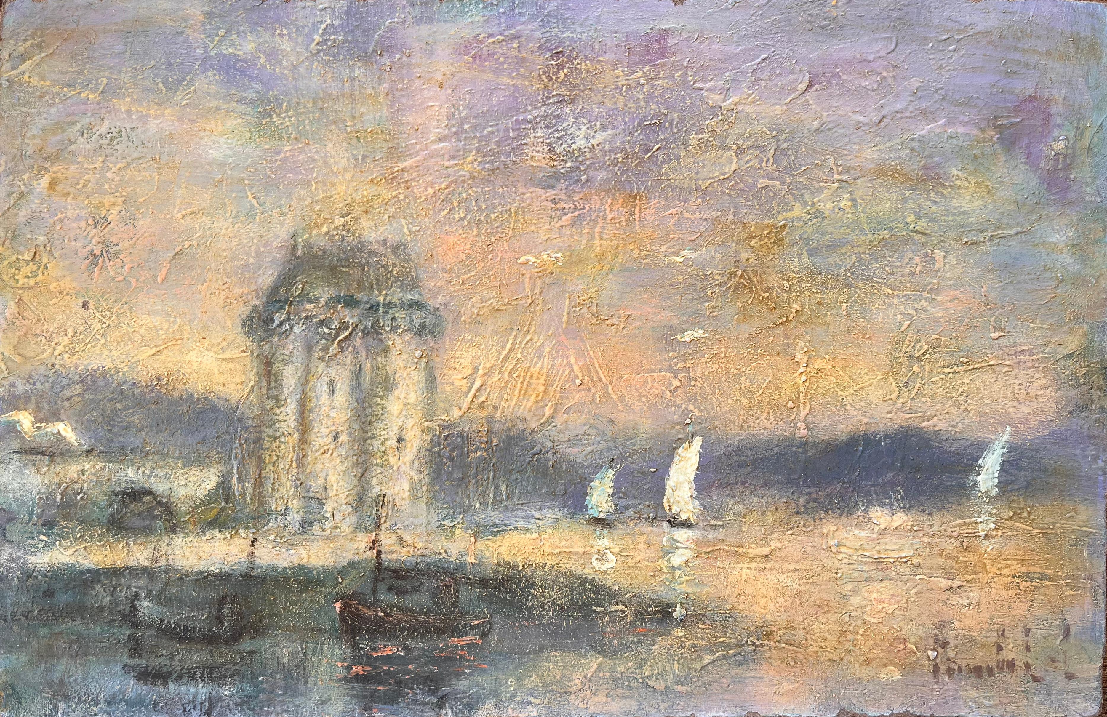 Französische impressionistische Hafenszene mit Segelbooten bei Sonnenuntergang