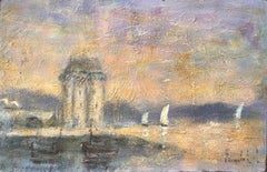 French Impressionist Harbour Scene with Sailboats at Sunset