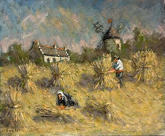 French Impressionist Harvesting in the Countryside with Windmill and Farmworkers