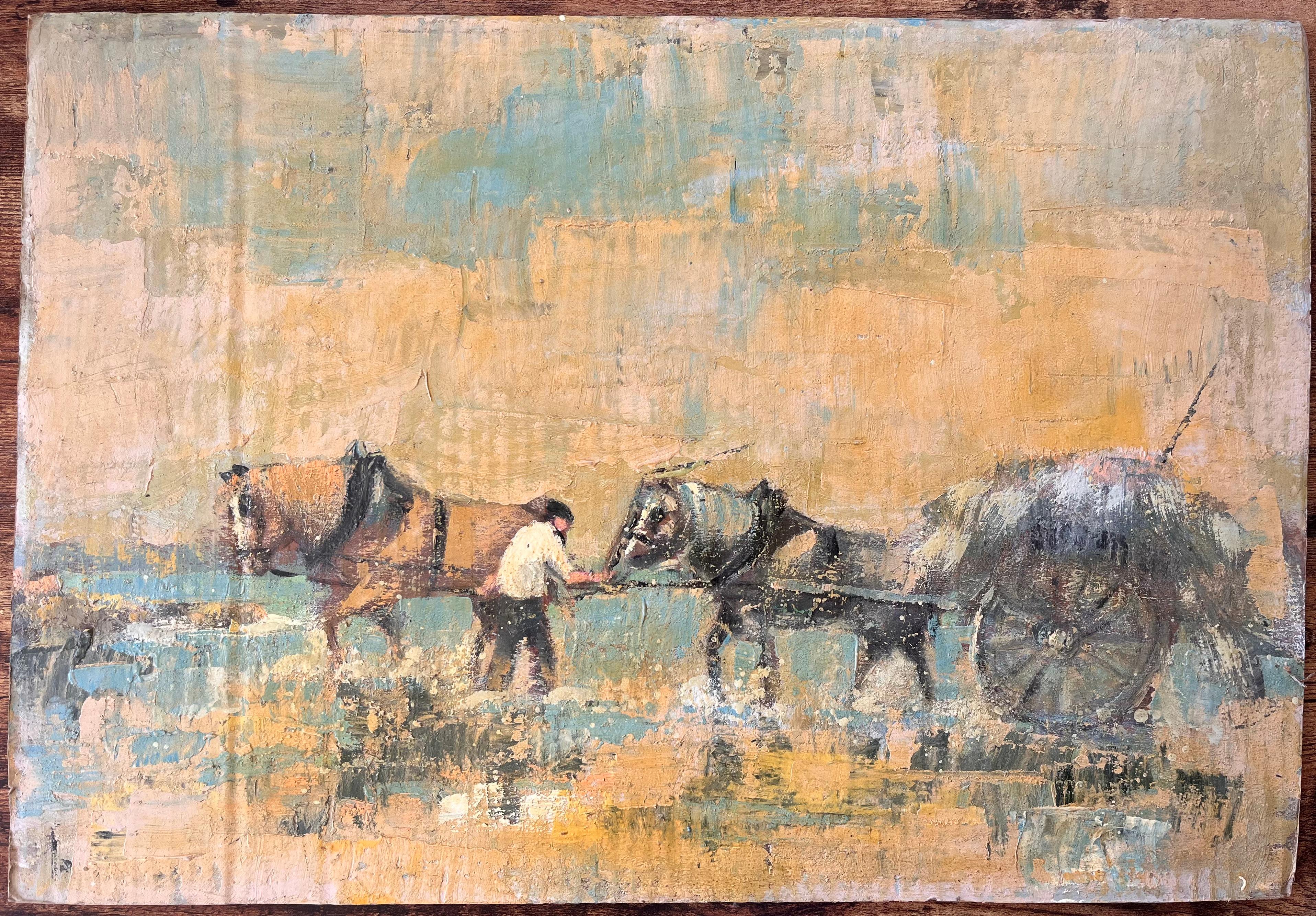 Chariot impressionniste français dessiné représentant un fermier dans un paysage rural - Painting de Fanch Lel