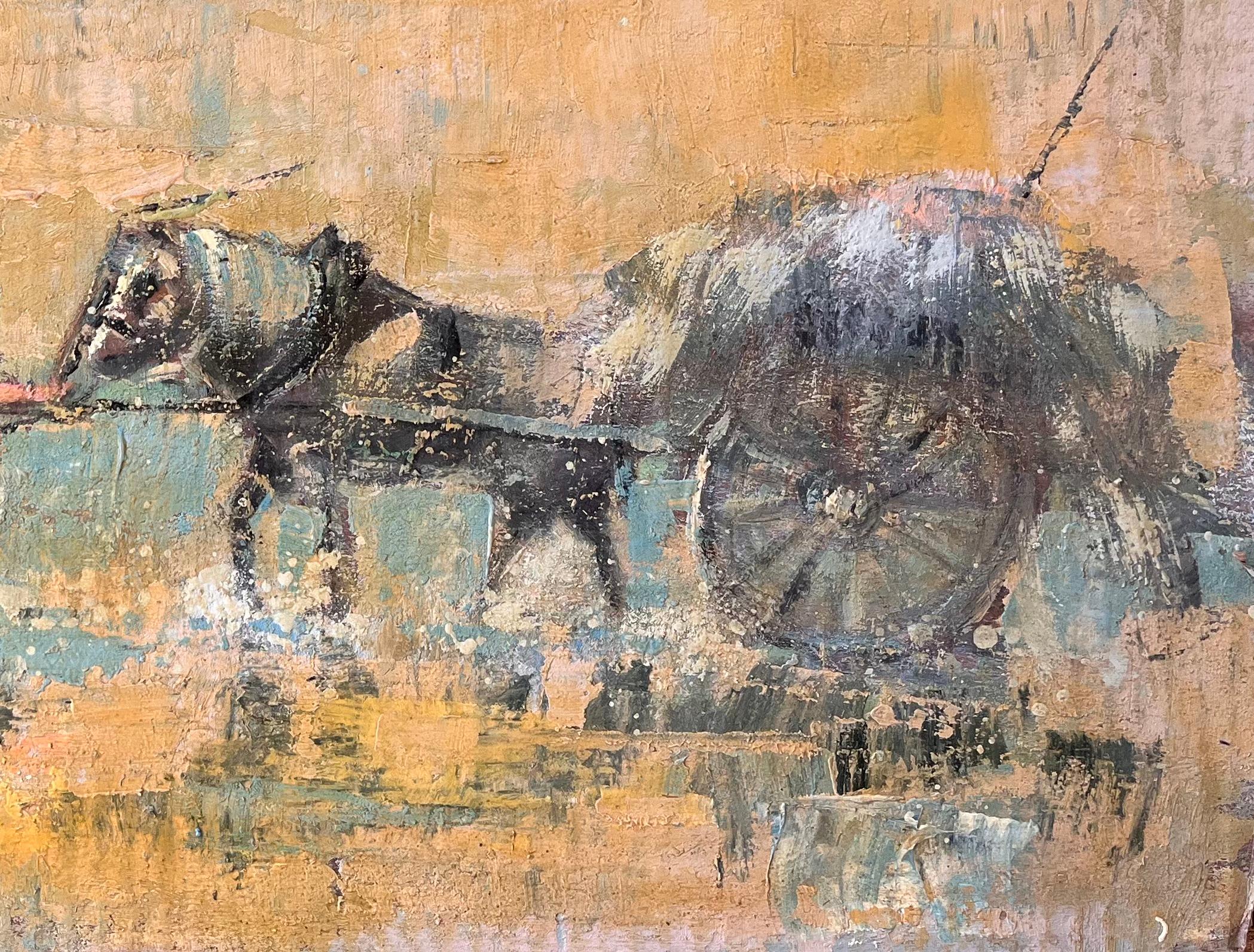 Chariot impressionniste français dessiné représentant un fermier dans un paysage rural - Impressionnisme Painting par Fanch Lel