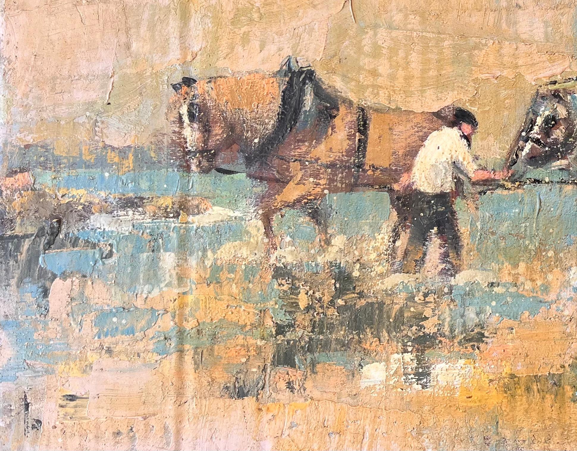 Chariot impressionniste français dessiné représentant un fermier dans un paysage rural - Beige Abstract Painting par Fanch Lel