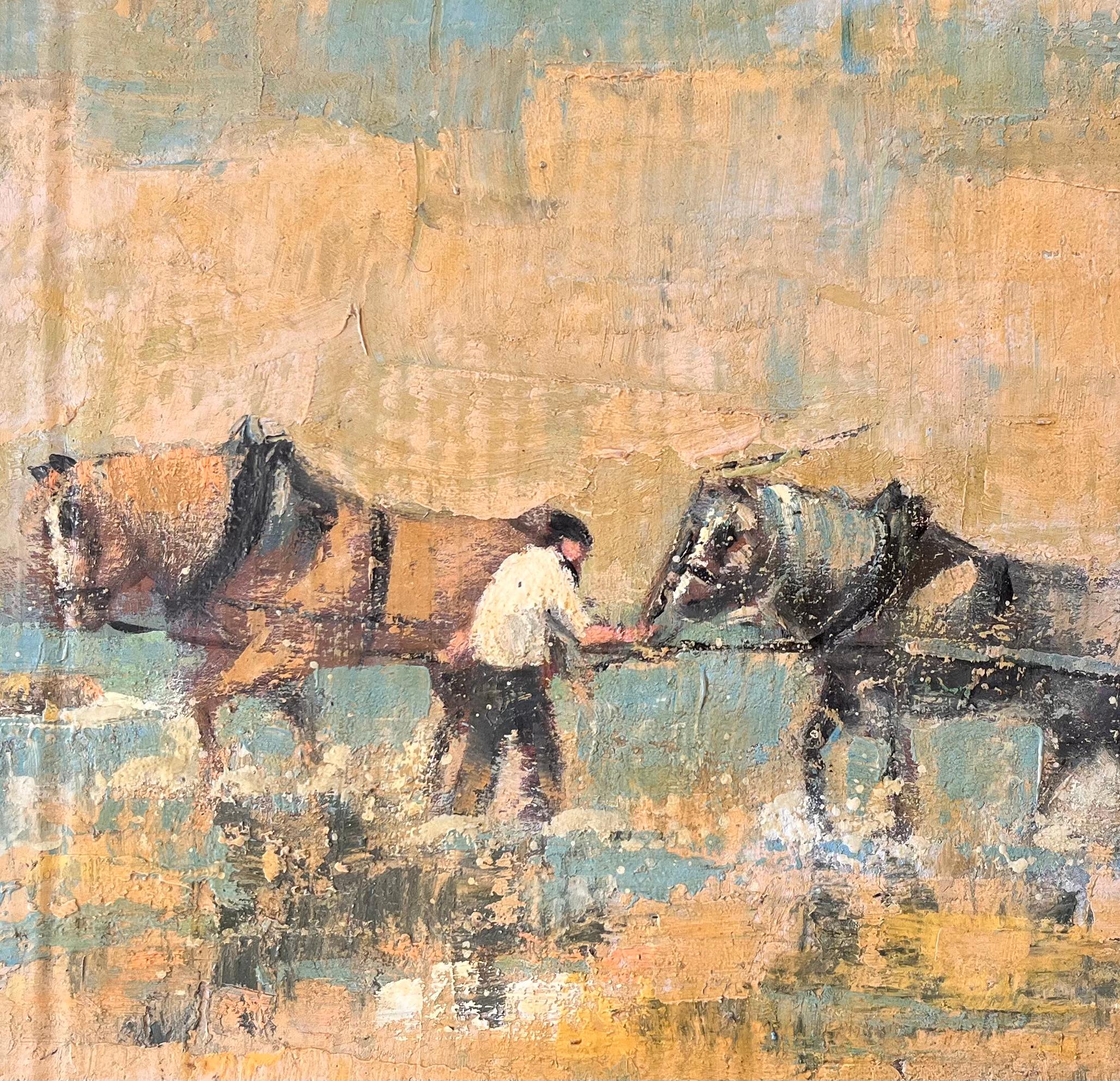 Chariot impressionniste français dessiné représentant un fermier dans un paysage rural en vente 2