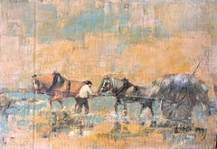 French Impressionist Horse Drawn Hay Cart with Farmer in Rural Landscape