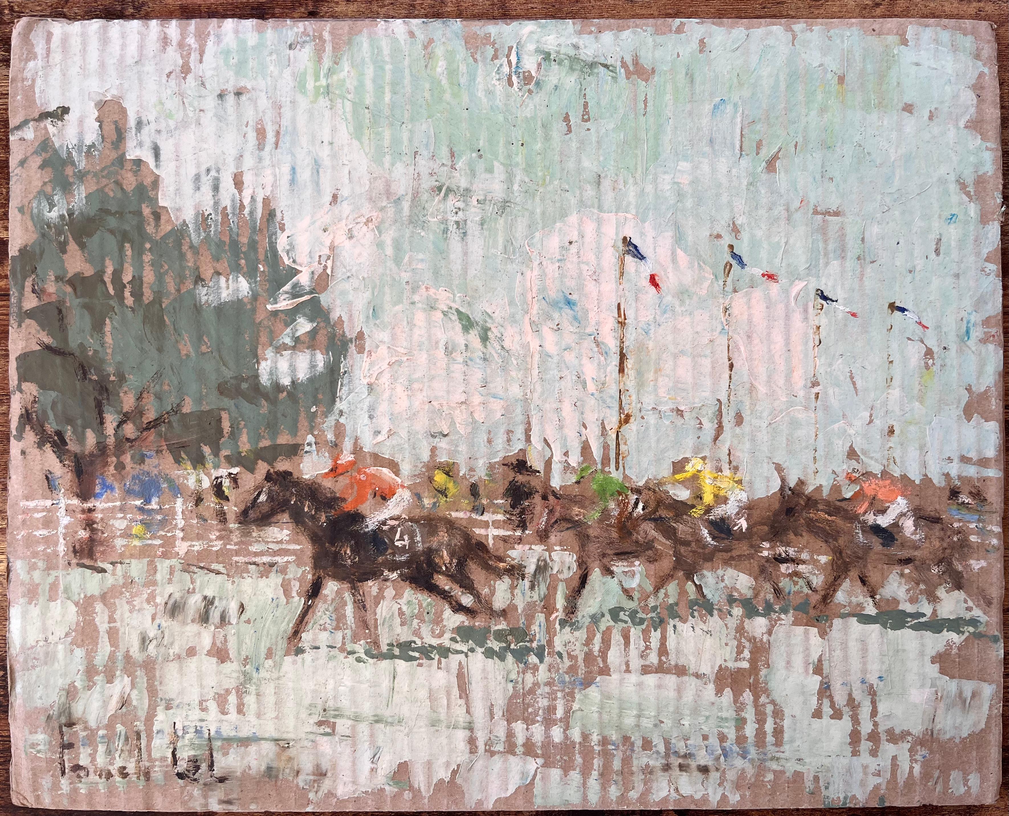 Französischer Impressionist Pferderennen Szene in Marville Saint Malo von Fanch Lel im Angebot 1