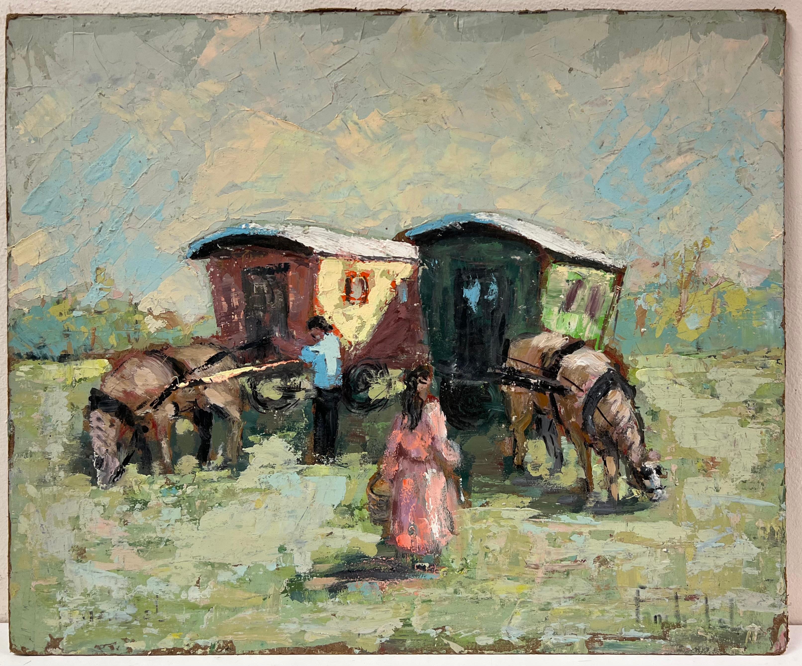 Escena impresionista francesa de caravanas tiradas por caballos y viajeros - Painting de Fanch Lel