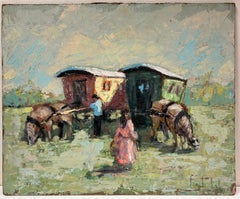 Scena impressionista francese di carovane e viaggiatori trainati da cavalli