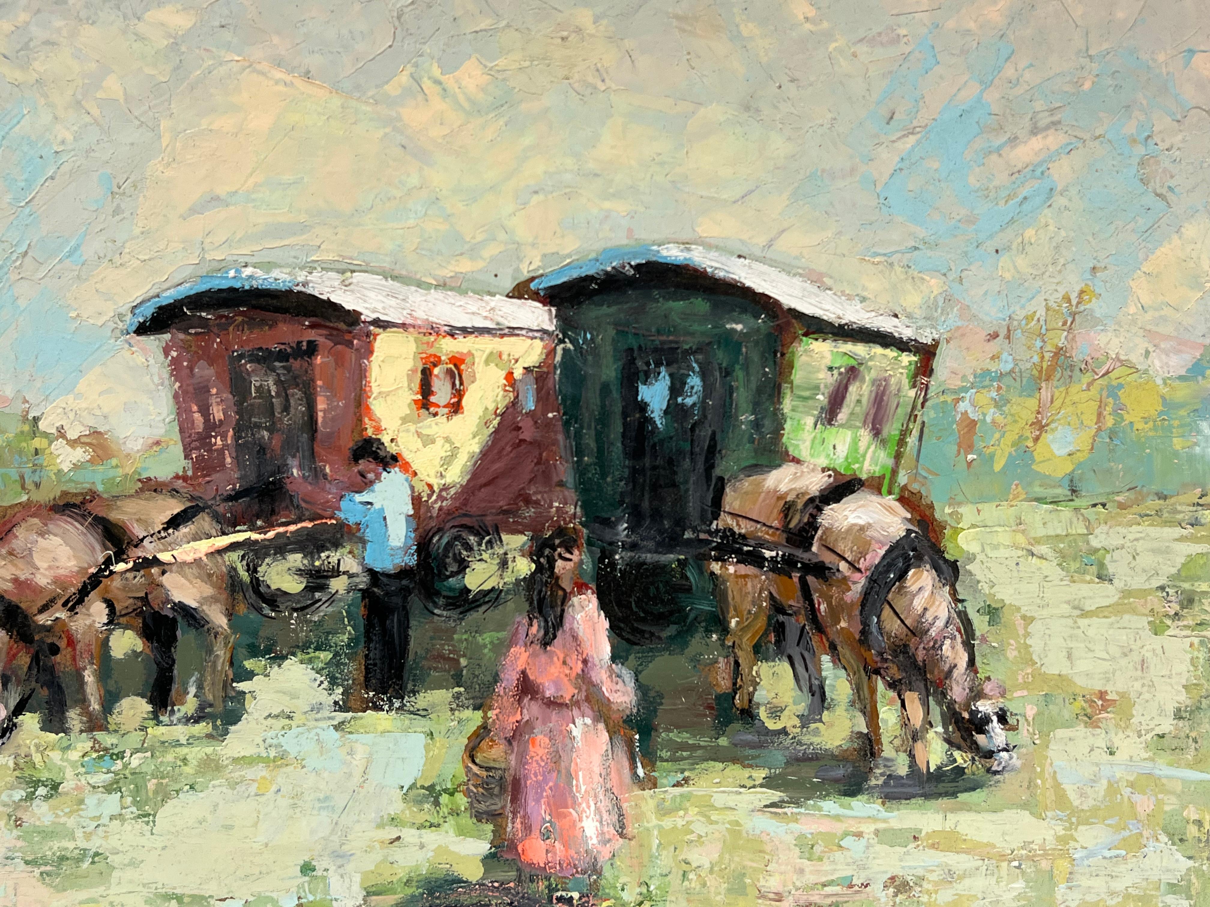 Escena impresionista francesa de caravanas tiradas por caballos y viajeros - Painting Impresionista de Fanch Lel