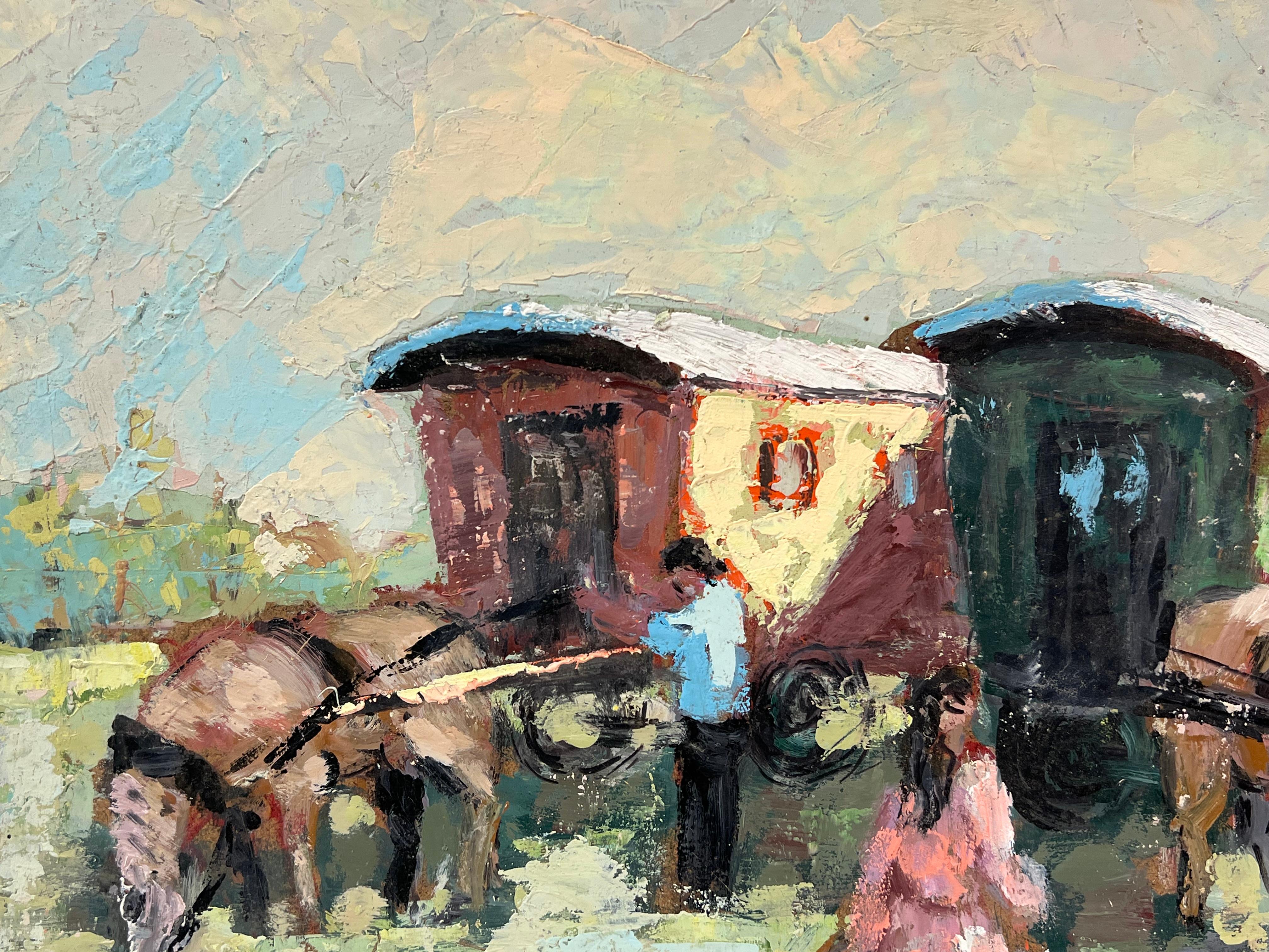 Escena impresionista francesa de caravanas tiradas por caballos y viajeros - Figurative Painting Marrón de Fanch Lel