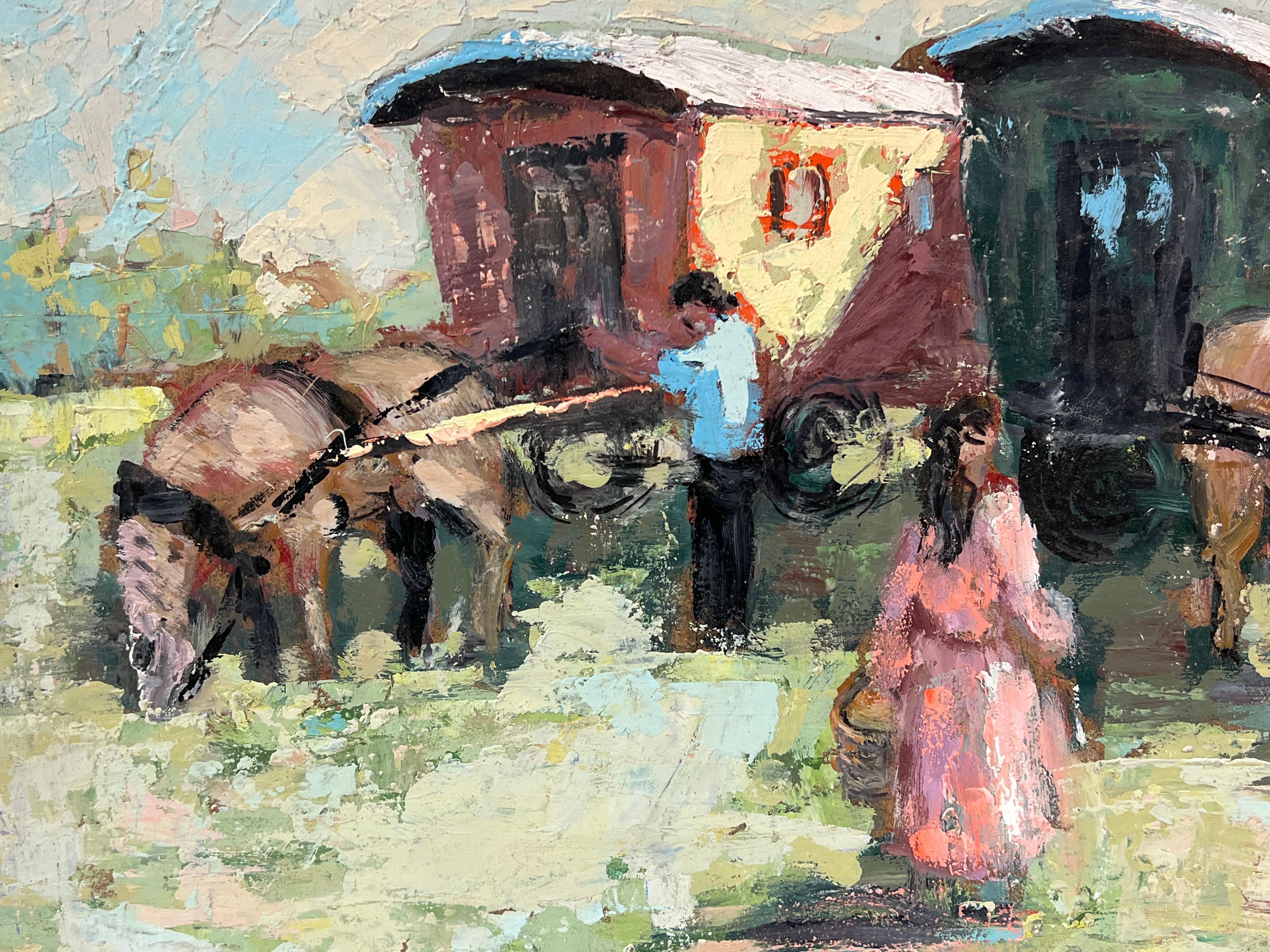 Caballos y carruajes
Firmado por Fanch Lel (francés, 1930)
Tamaño: 15 x 18 pulgadas
Óleo sobre tabla, sin enmarcar
Estado de conservación: El cuadro está en buen estado, con pequeños signos de envejecimiento.
Procedencia: Todos los cuadros de este