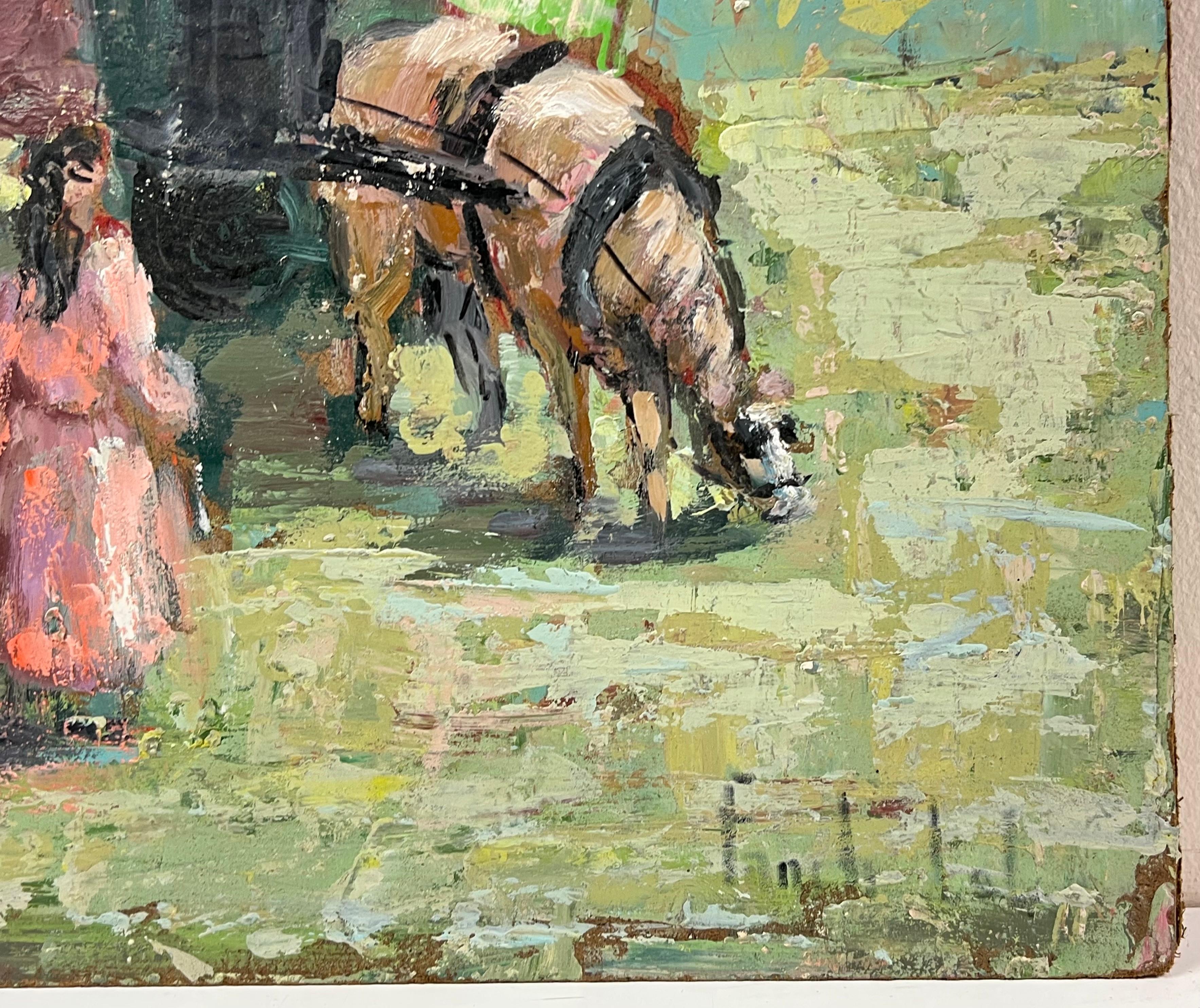 Escena impresionista francesa de caravanas tiradas por caballos y viajeros en venta 2