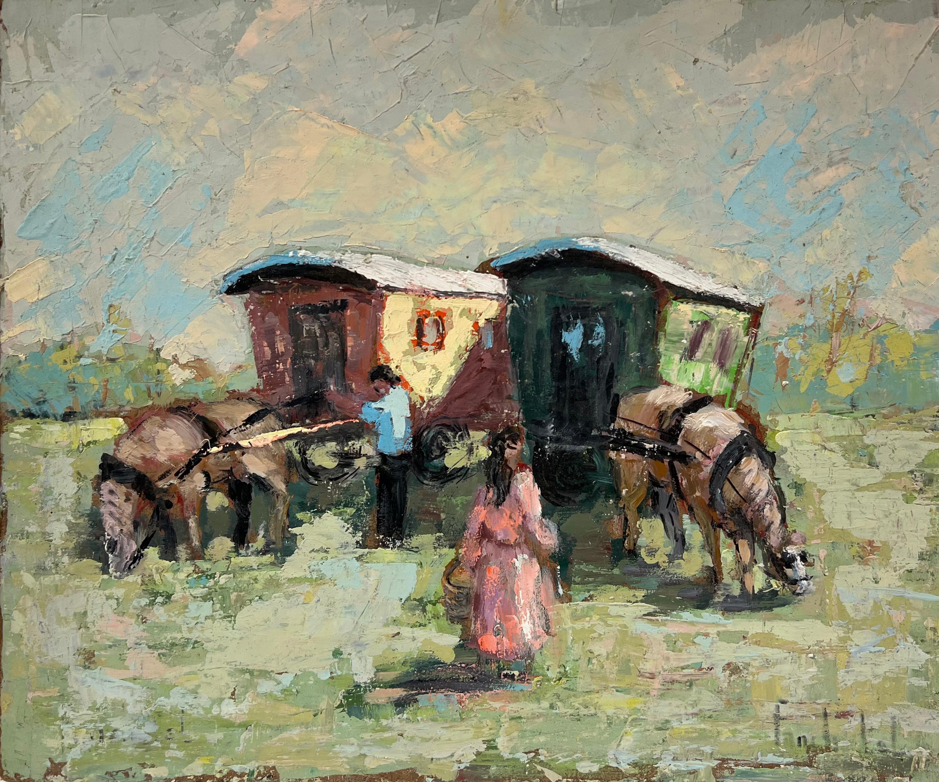 Figurative Painting de Fanch Lel - Escena impresionista francesa de caravanas tiradas por caballos y viajeros