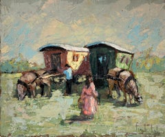 French Impressionist Scene of Horse-Drawn Caravans and Travelers