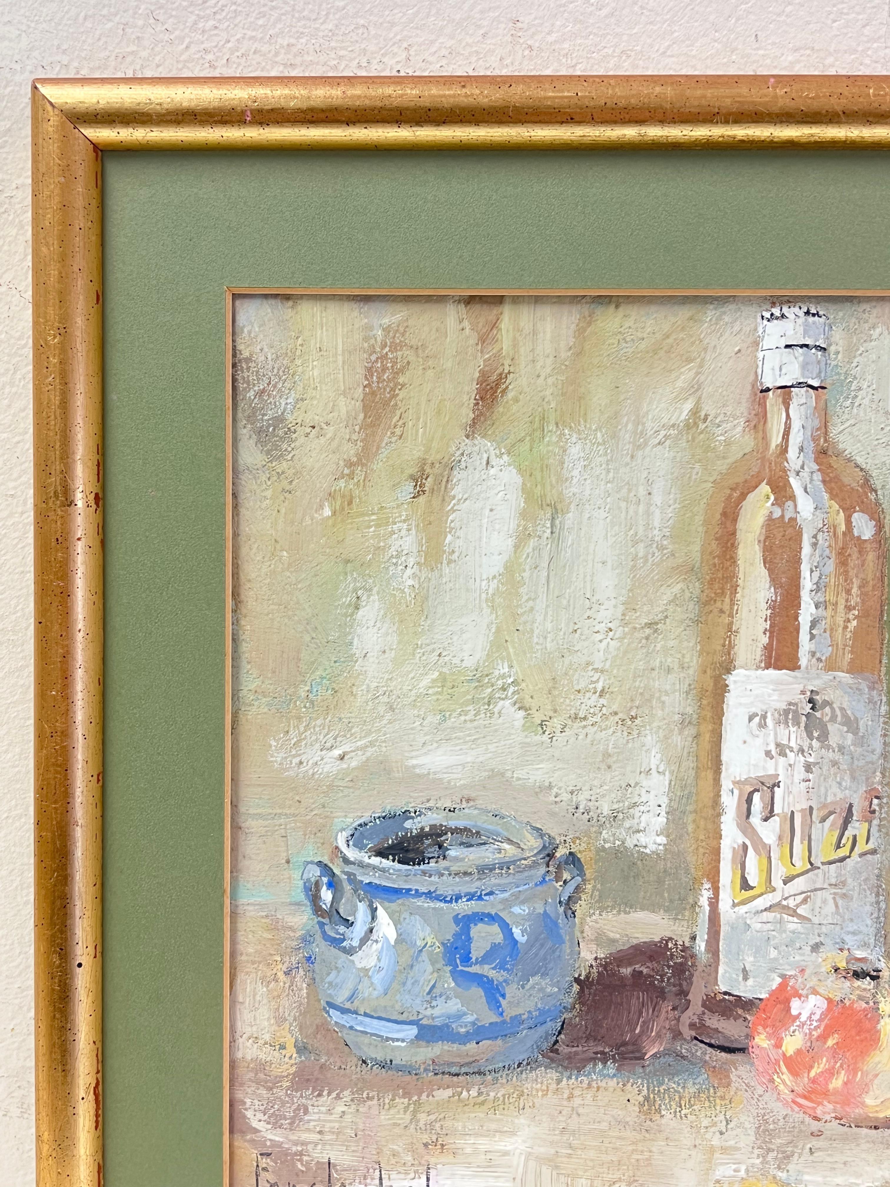 French Impressionist Interior Rose Wine + Apples Still Life Framed Painting - Brown Still-Life Painting by Fanch Lel